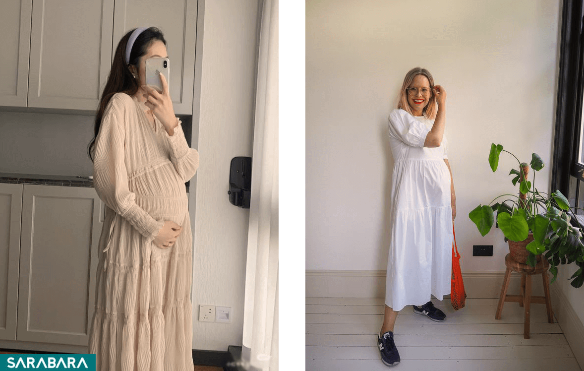 دو نمونه لباس بارداری گشاد با رنگ‌های سفید و کرم