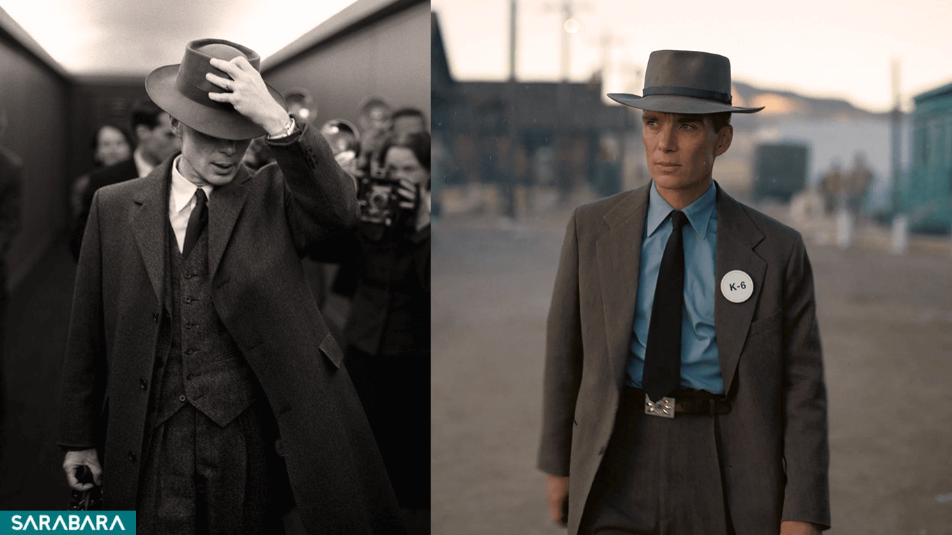 استایل کیلین مورفی در فیلم اوپنهایمر با یک کلاه فدورا و کت و شلوار طوسی رنگ