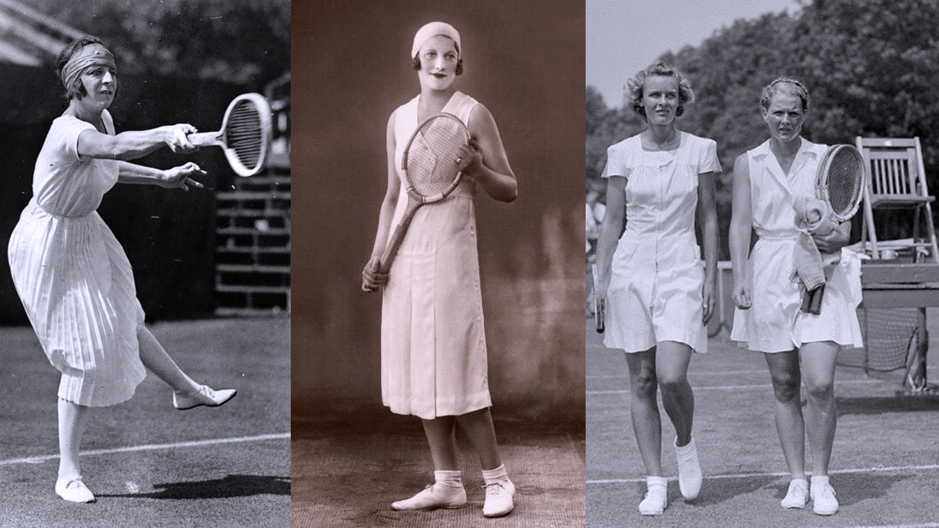 سوزان لانگلان هنگام بازی تنیس در یک دامن کوتاه سفید و هدبند سفید