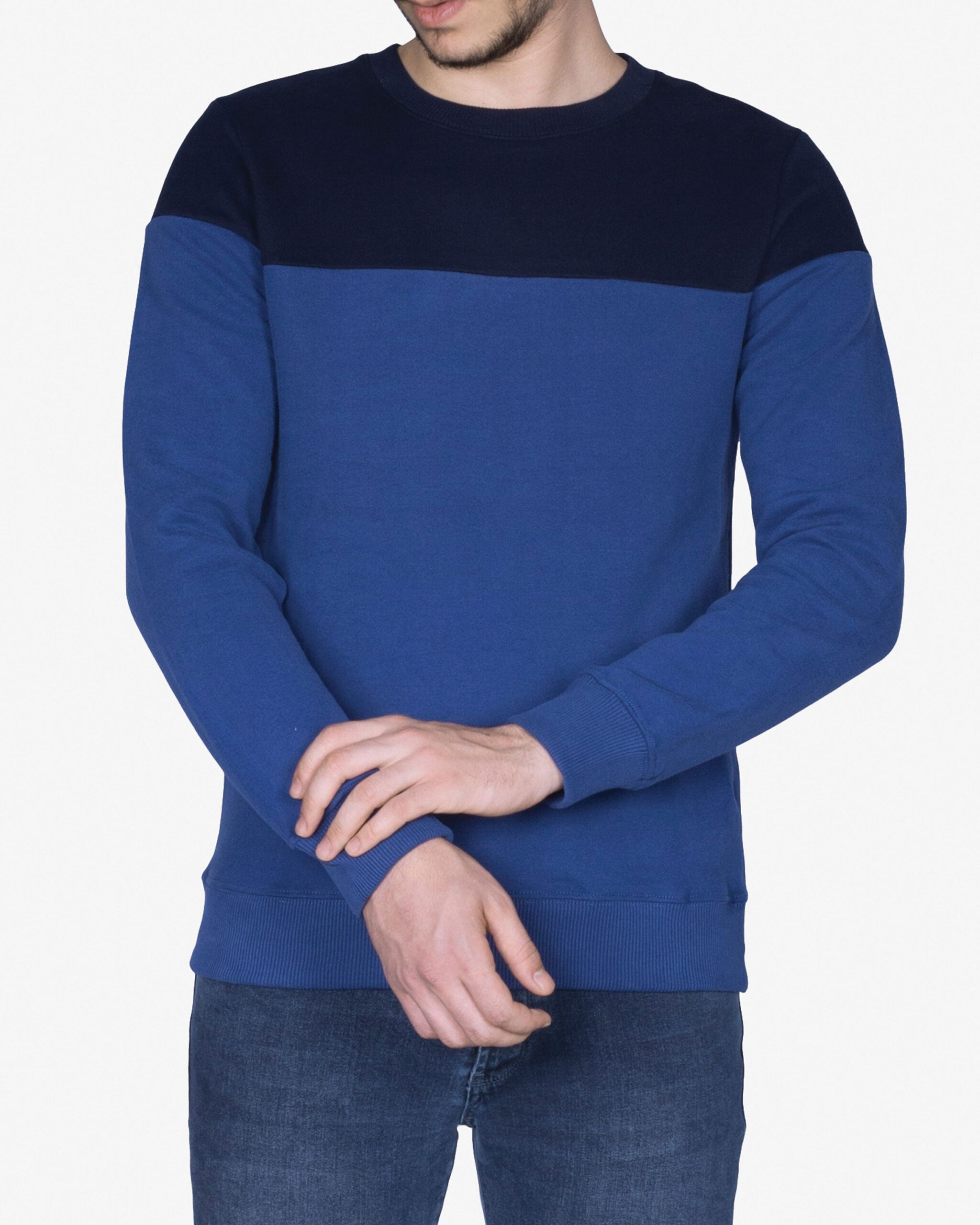 پلیور مردانه یقه گرد دورنگ - آبی تیره - روبه‌رو - خرید اینترنتی لباس - فروشگاه اینترنتی لباس سارابارا