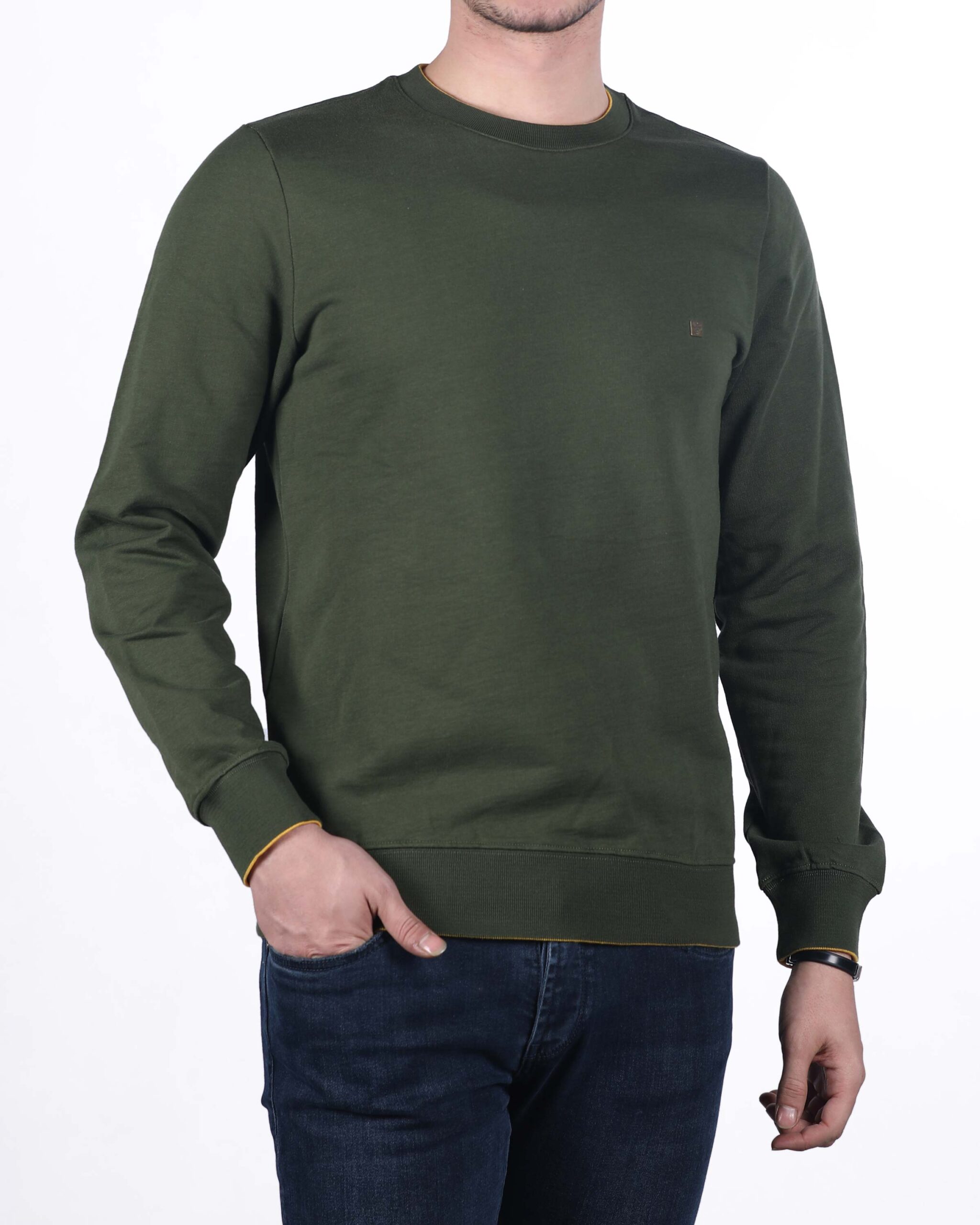 پلیور مردانه نخی ساده - سبز ارتشی روشن - روبه‌رو