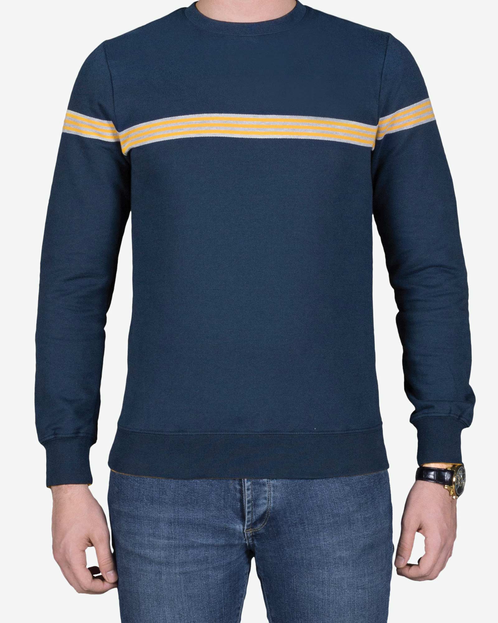 پلیور مردانه طرح خط دار سرمه ای - سرمه ای - استایل رو به رو