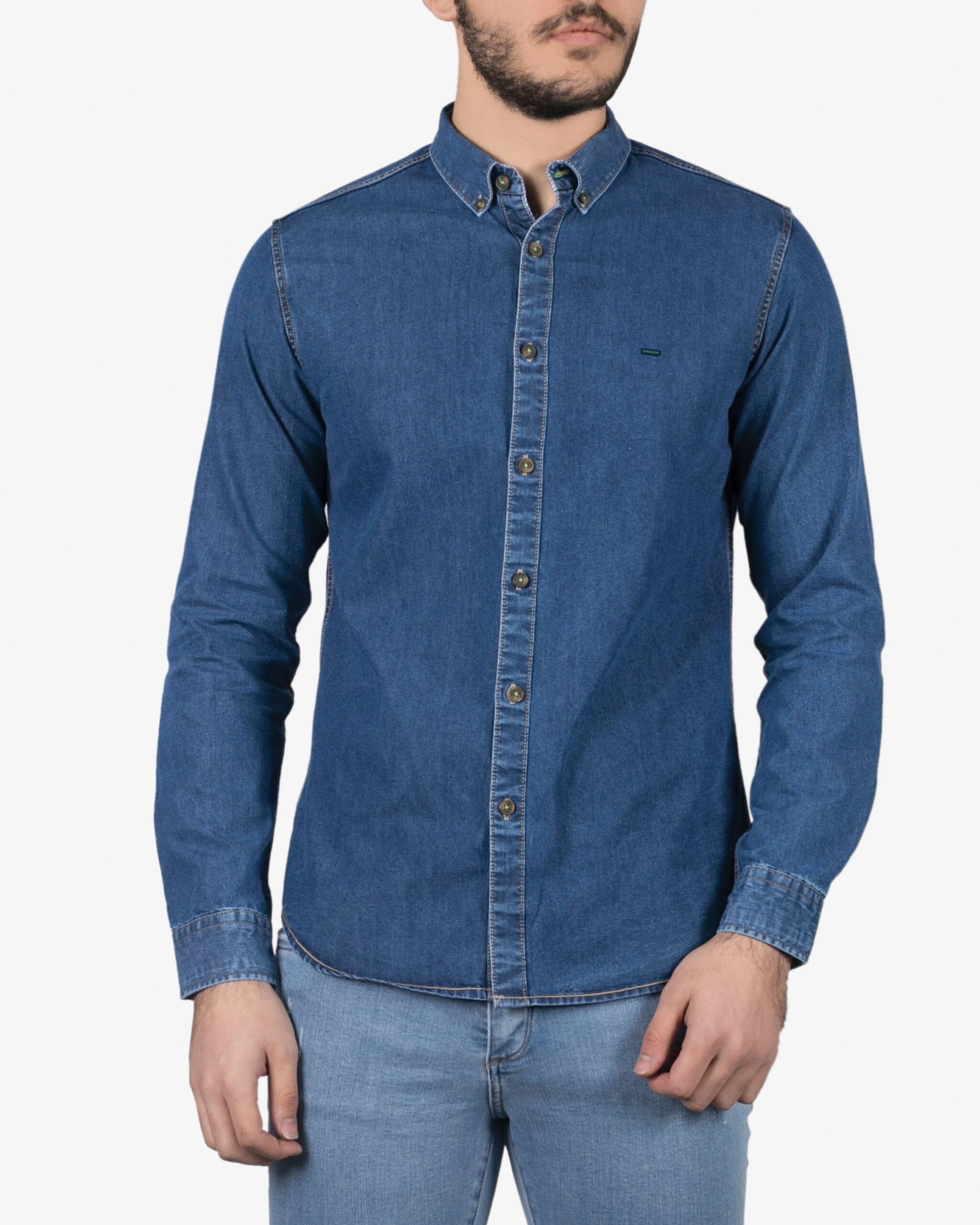 پیراهن جین مردانه‌ آستین بلند - آبی نفتی - روبه‌رو