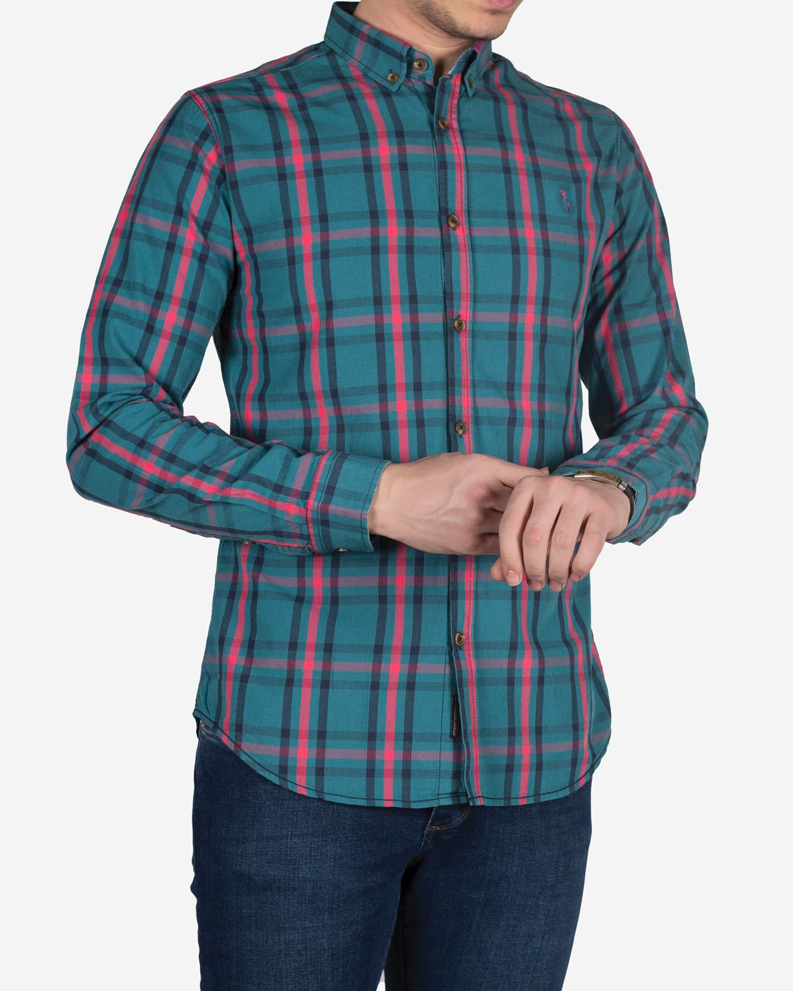 پیراهن چارخونه‌ سبز آبی مردانه‌ - کله غازی - یقه