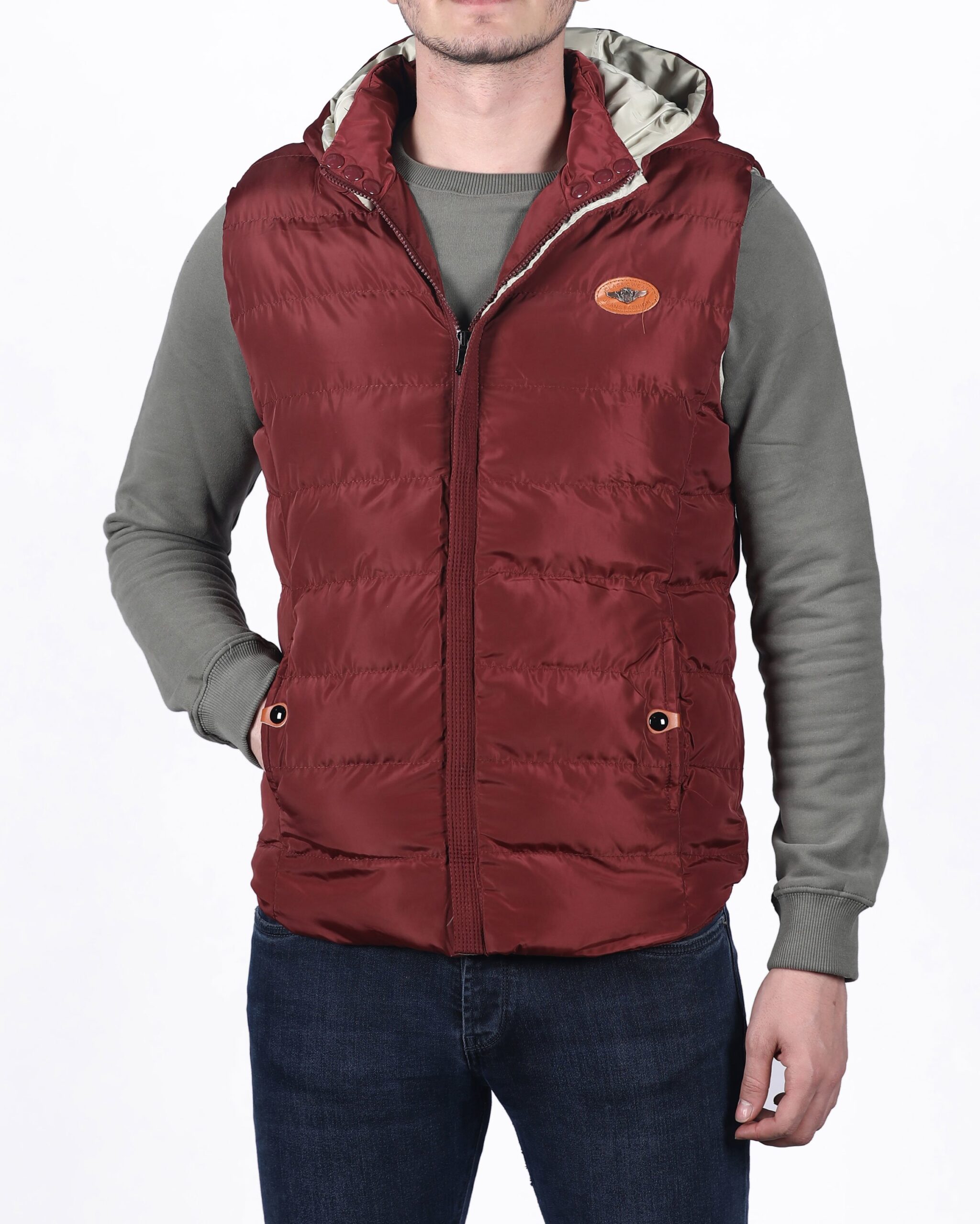 کاپشن جلیقه ای مردانه - عنابی - روبه‌رو