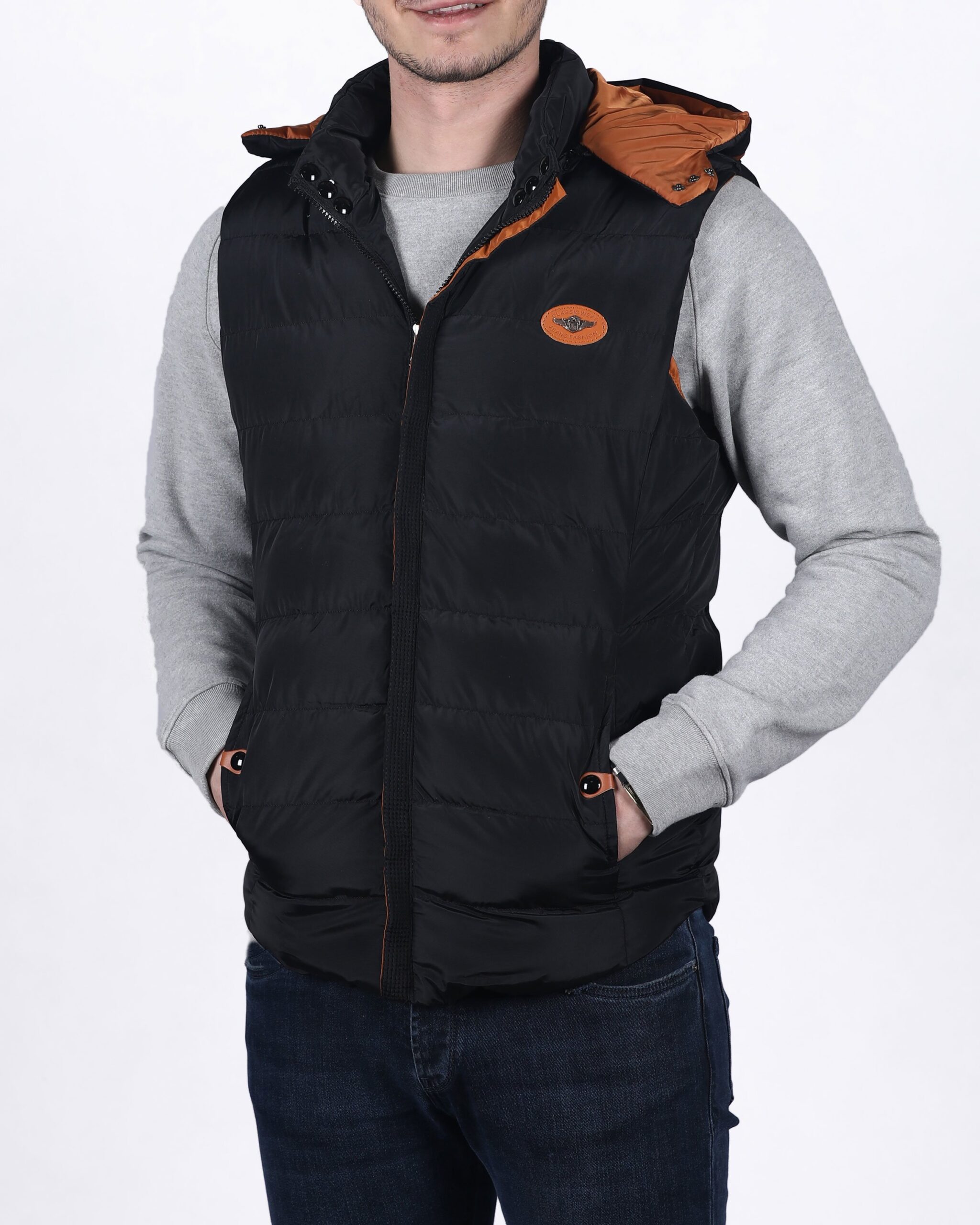 کاپشن جلیقه ای مردانه - مشکی - روبه‌رو