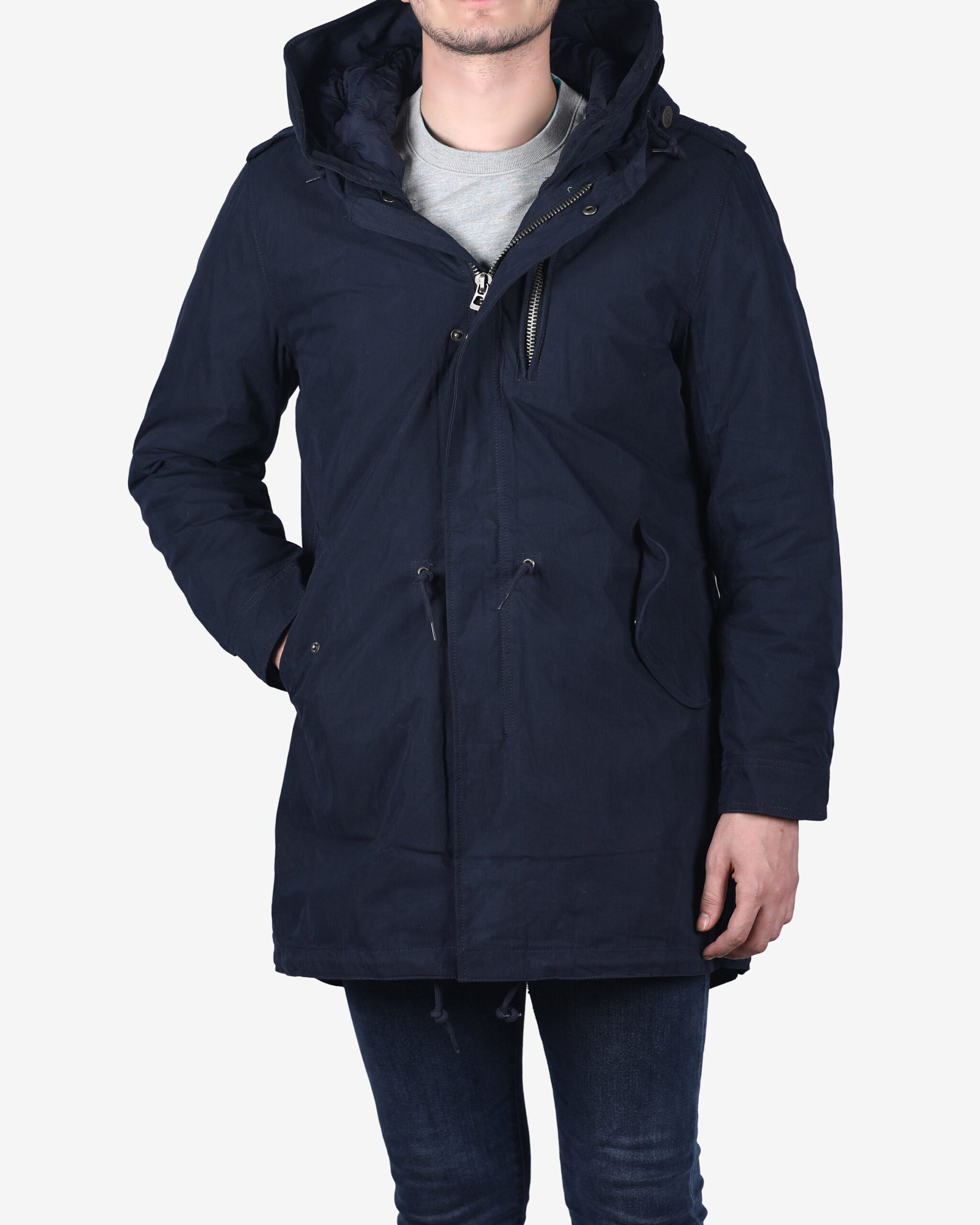 کاپشن بلند کتانی سرمه‌ای کانی‌راش - روبه‌رو