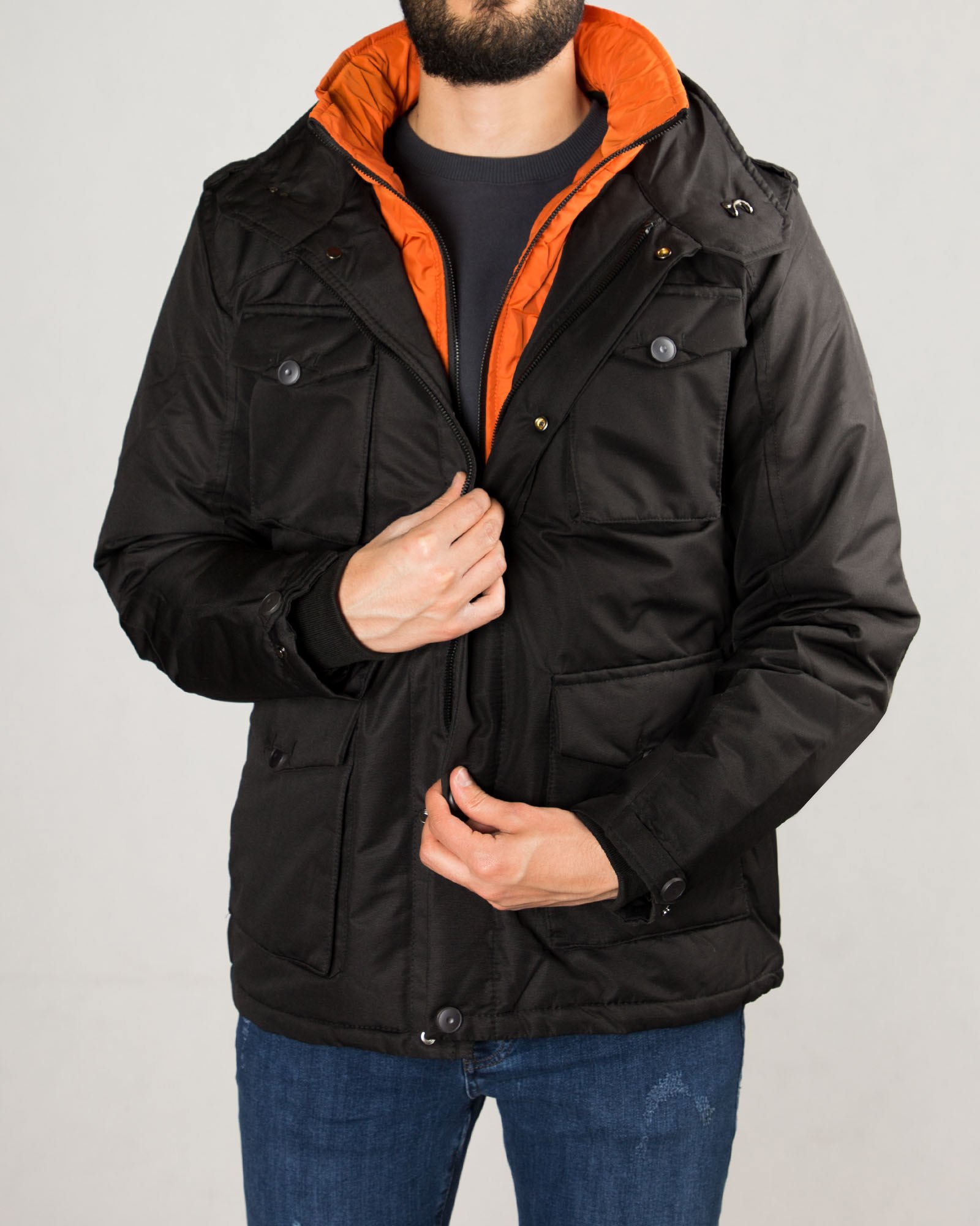 کاپشن دو یقه مردانه - مشکی - جلو بسته