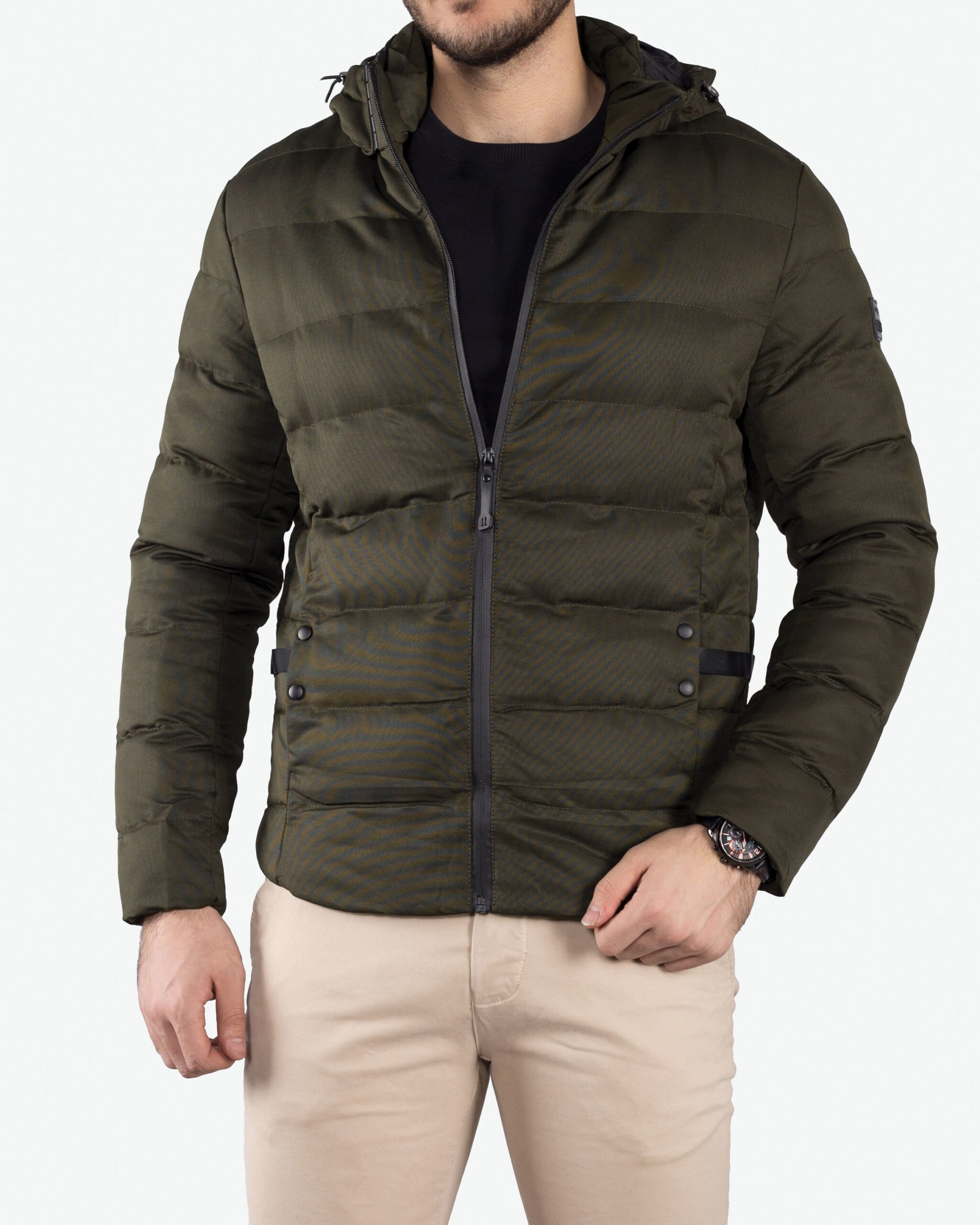 کاپشن دوخت‌دار کوتاه کانی‌راش-سبز ارتشی-روبه‌رو