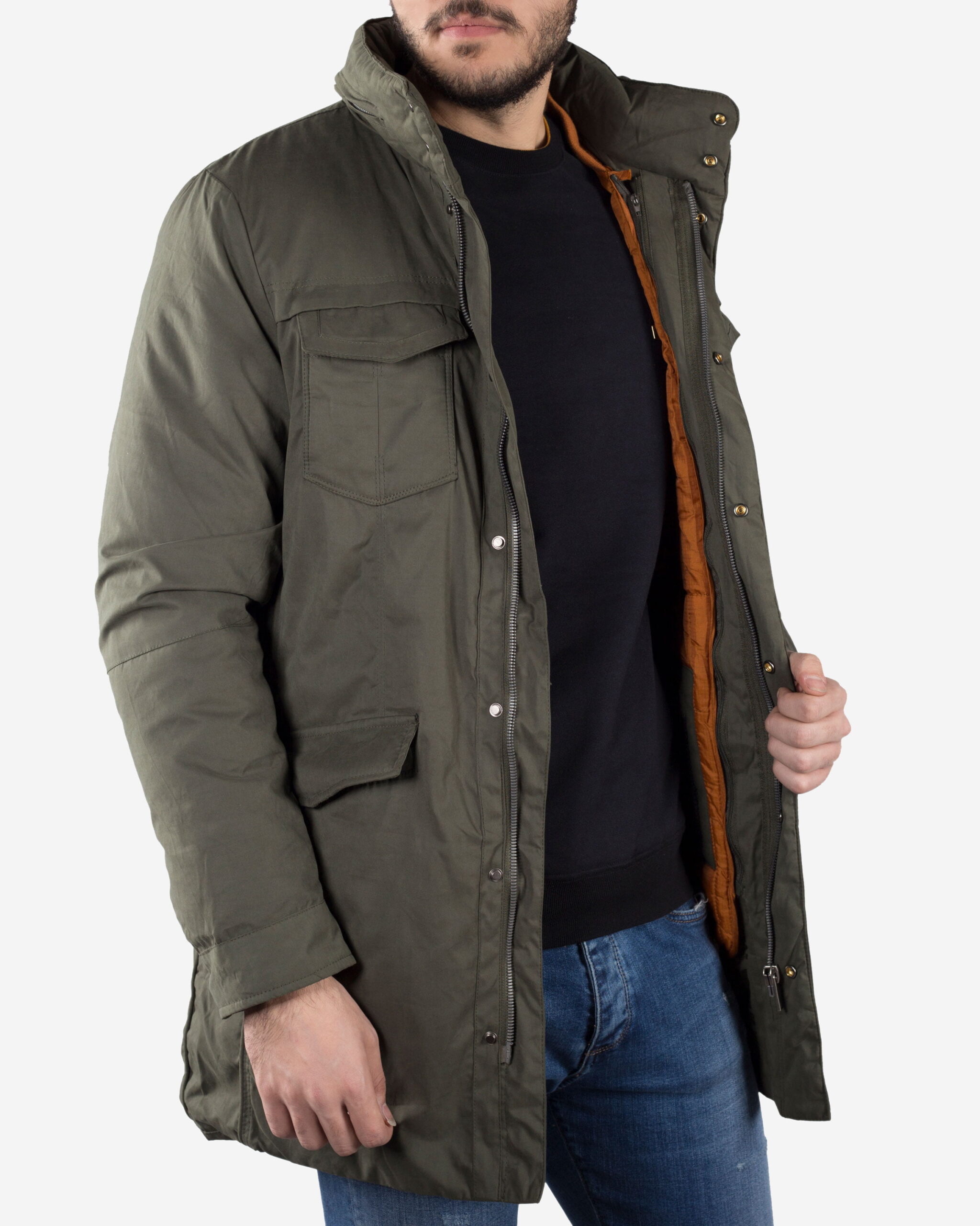 کاپشن دولایه‌ی کتانی کانی‌راش - سبز ارتشی - روبه‌رو