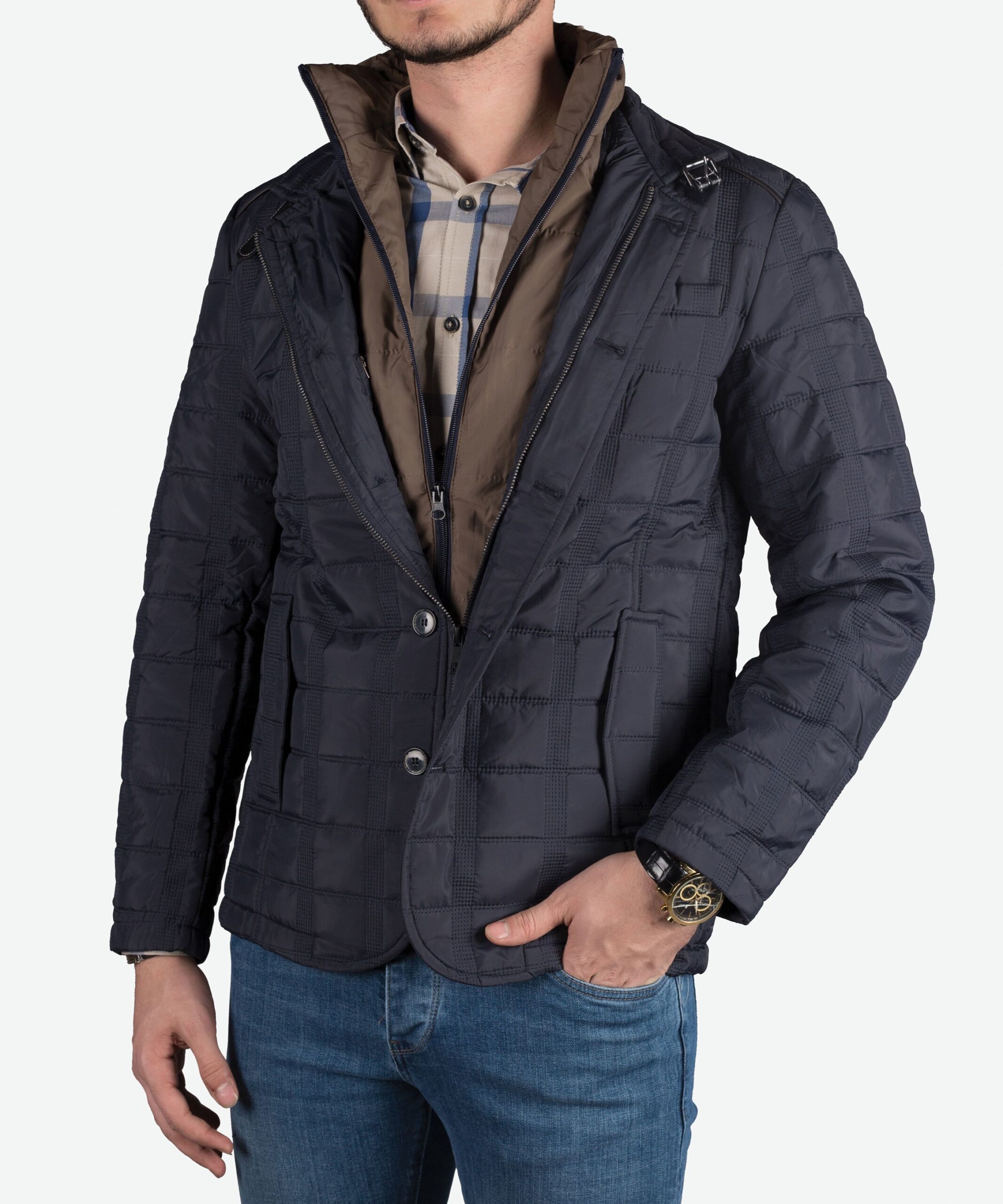 کاپشن دکمه‌ای مردانه‌ی کانی‌ارش-خاکستری تیره-روبه‌رو