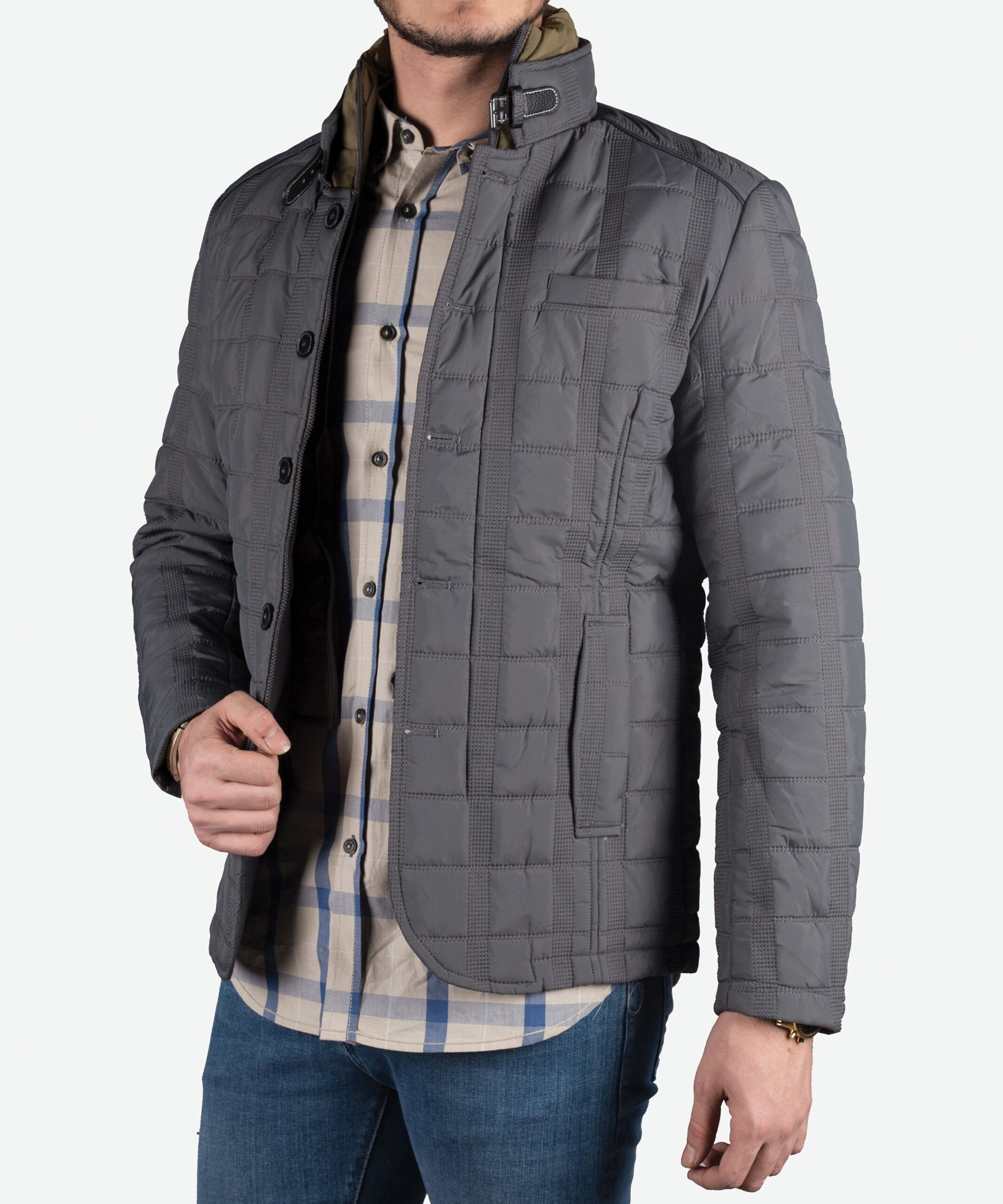 کاپشن دکمه‌ای مردانه‌ی کانی‌ارش-خاکستری -بغل