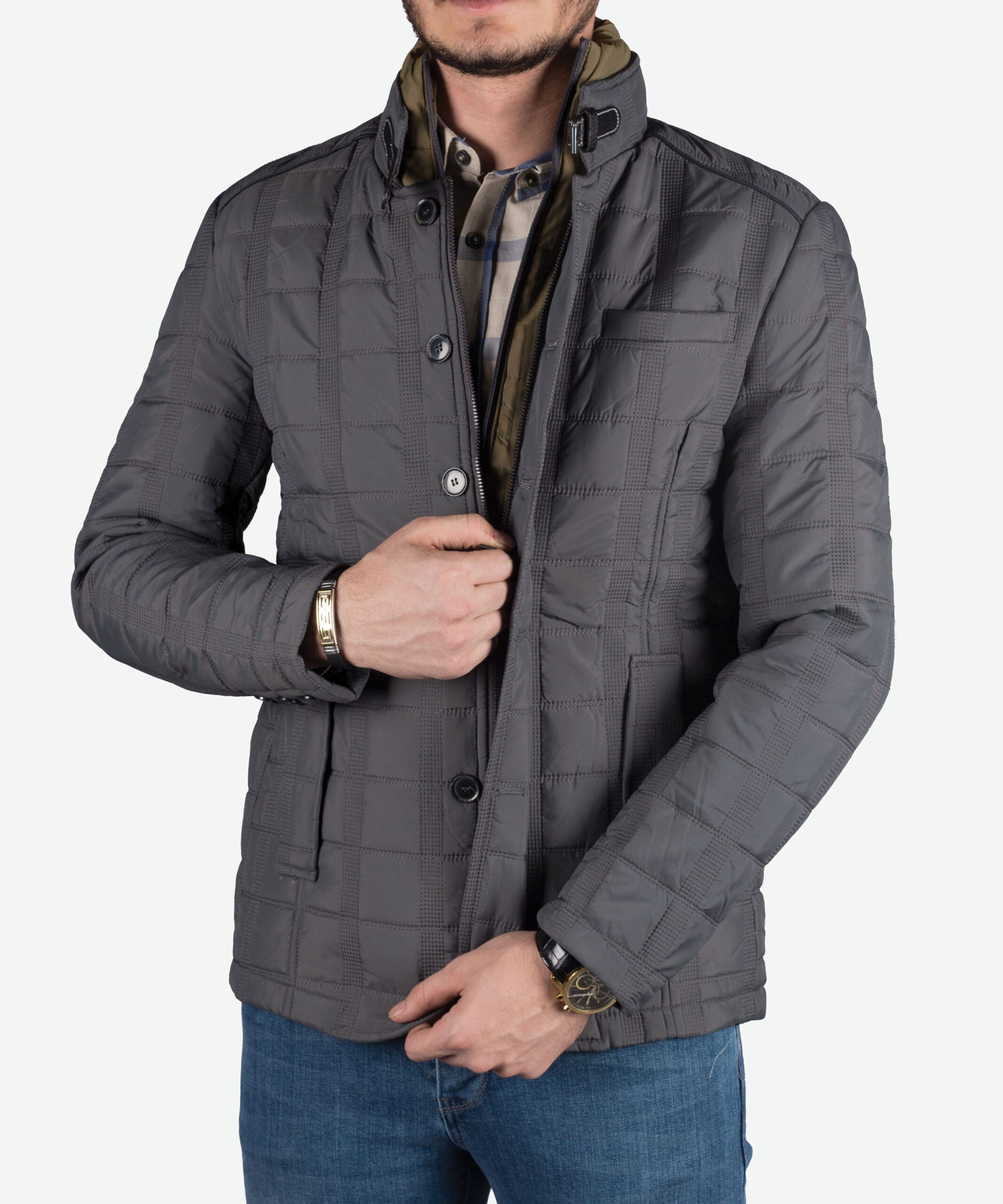 کاپشن دکمه‌ای مردانه‌ی کانی‌ارش-خاکستری -روبه‌رو