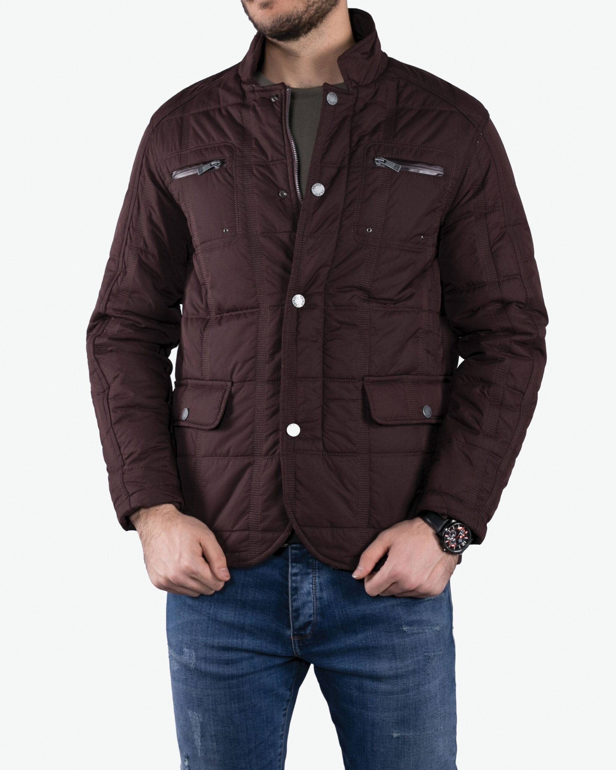 کاپشن زمستانی چهار جیب مردانه - عنابی - رو به‌ رو