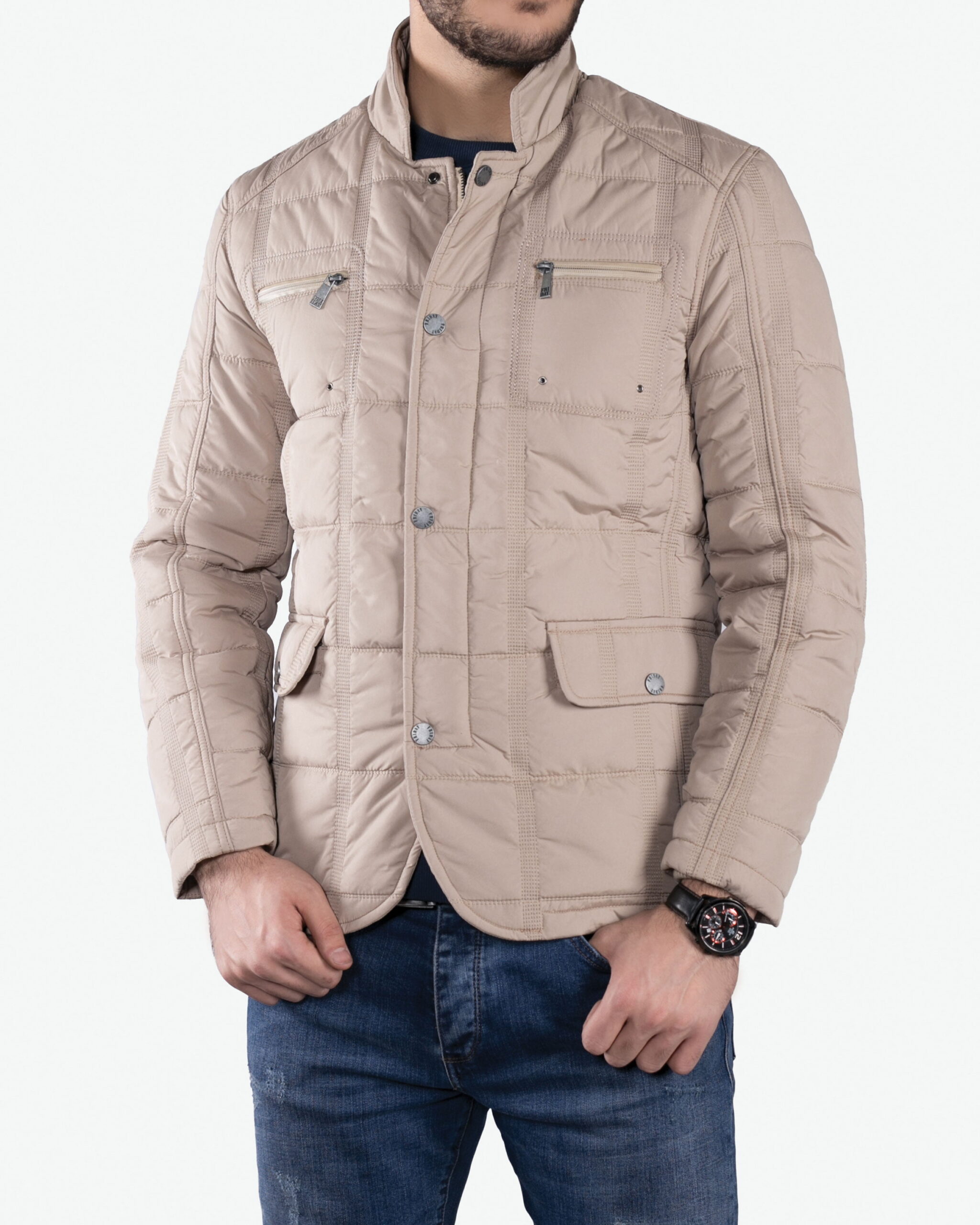 کاپشن زمستانی چهار جیب مردانه - کرمی - رو به‌ رو