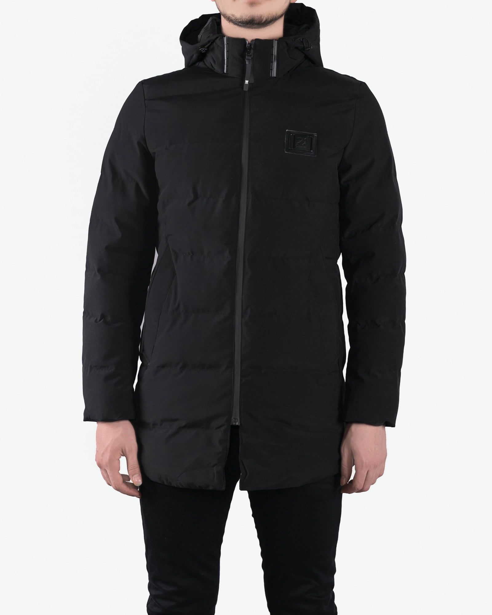 کاپشن مردانه بلند کلاه دار - مشکی - رو به رو