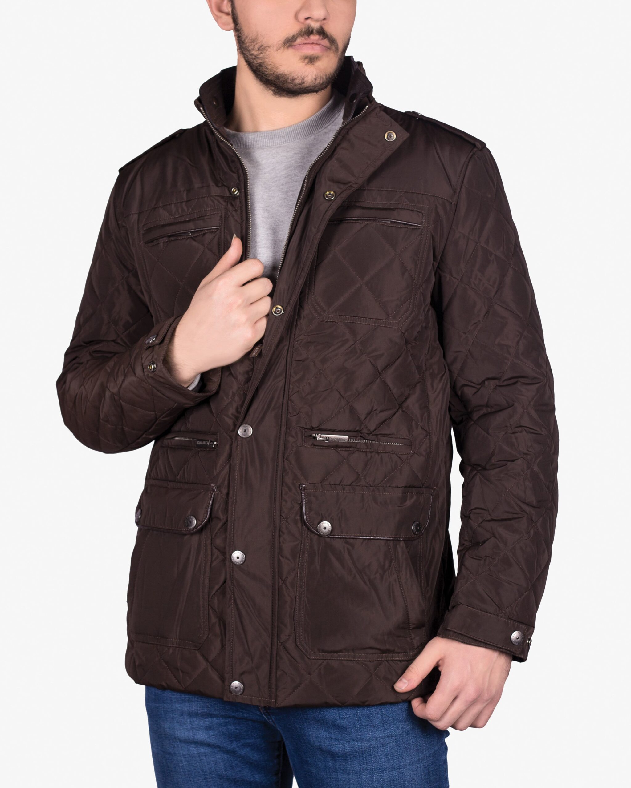 کاپشن کوتاه چهار جیب مردانه - قهوه‌ای تیره - رو به‌ رو