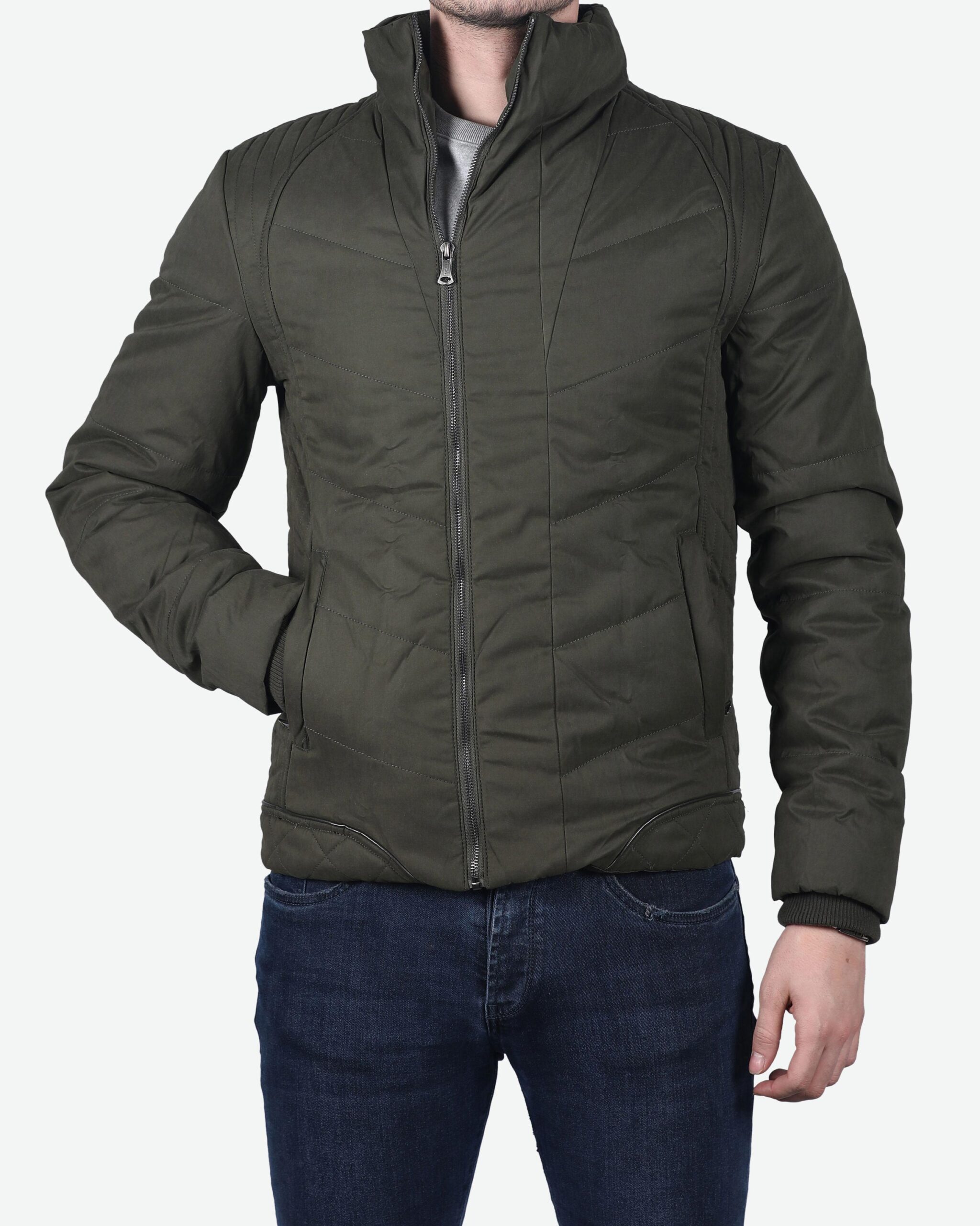 کاپشن یقه ایستاده بدون کلاه مردانه - سبز ارتشی - رو به رو