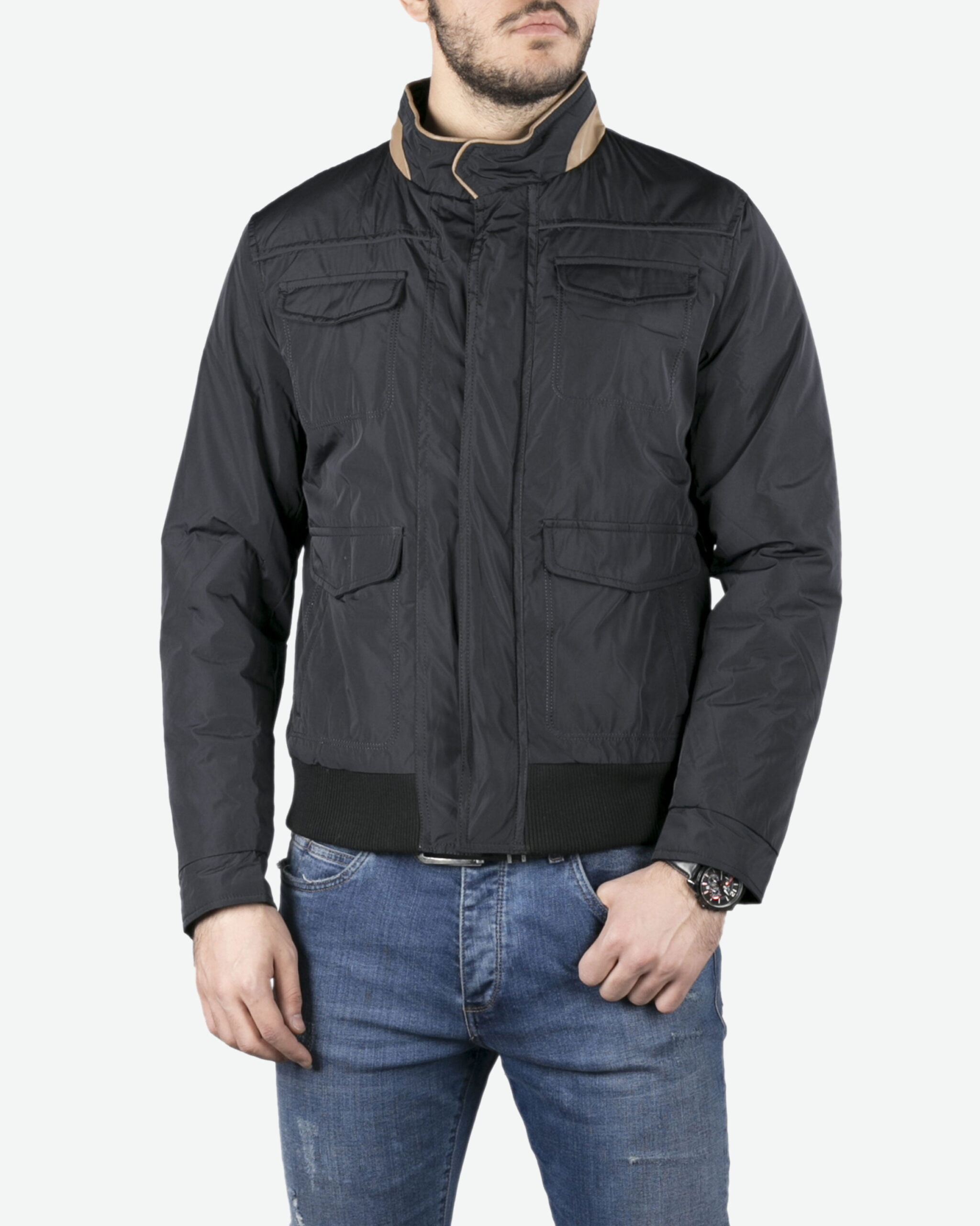 کاپشن مردانه کوتاه یقه ایستاده - مشکی - رو به‌ رو