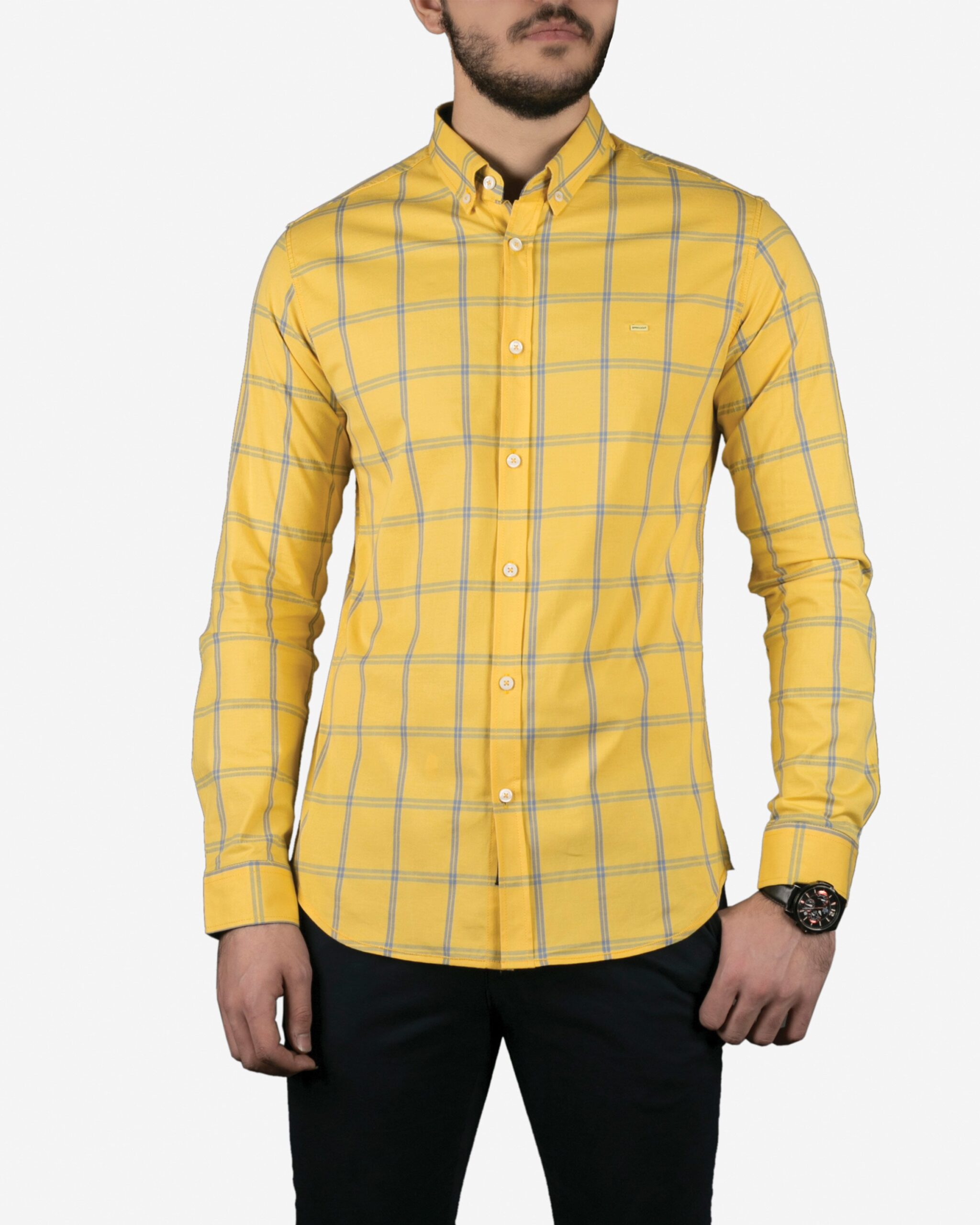 پیراهن زرد آستین بلند چهارخانه مردانه - زرد - رو به رو