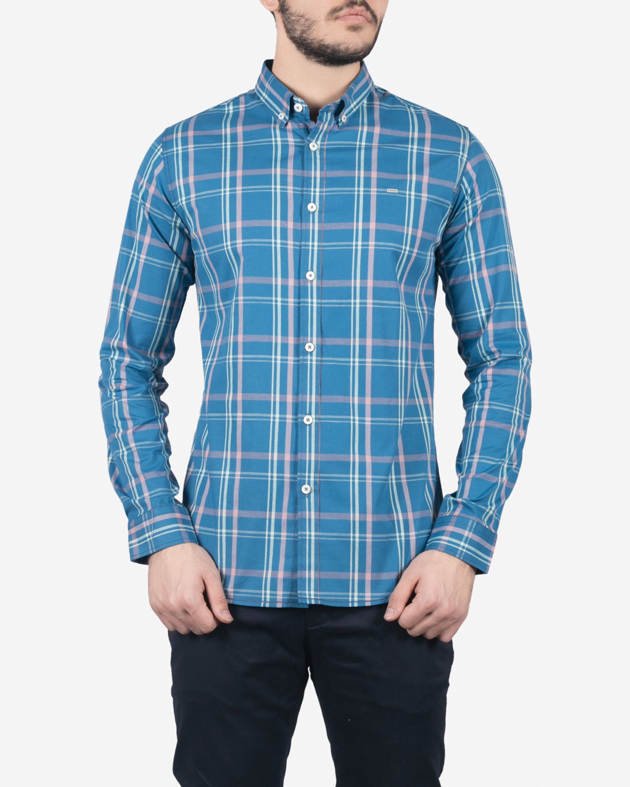 پیراهن آستین بلند آبی چهارخانه مردانه - نیلی - رو به رو