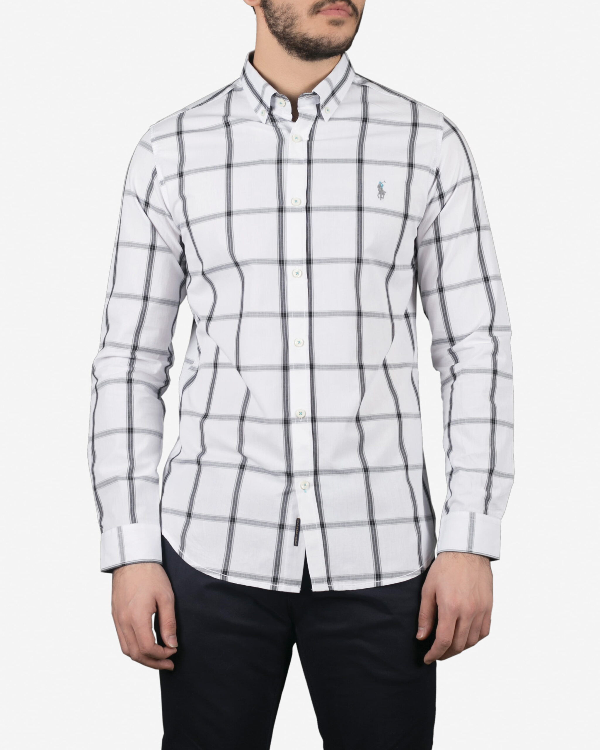 پیراهن آستین بلند سفید چهارخانه مردانه - سفید - رو به رو