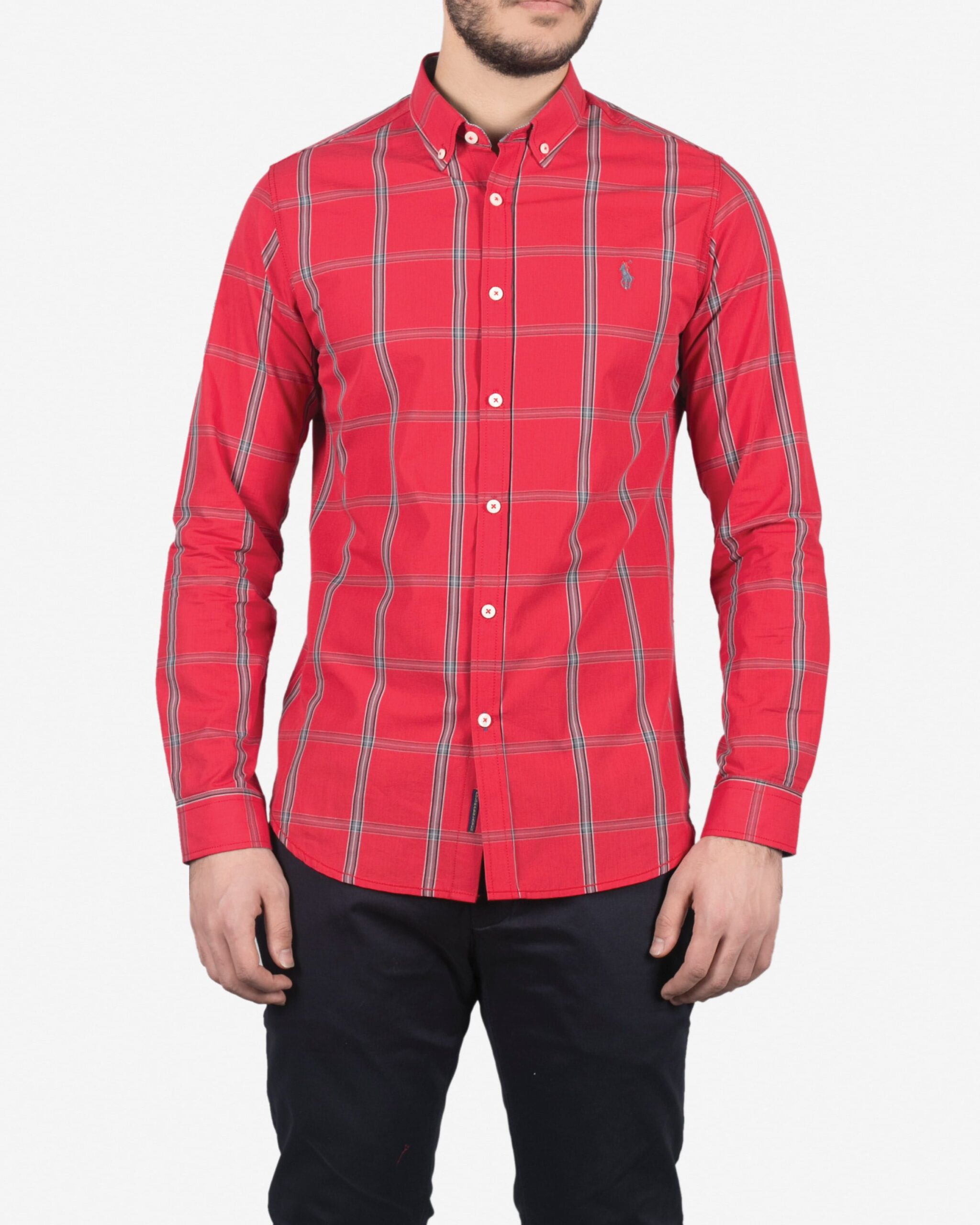 پیراهن آستین بلند قرمز چارخونه مردانه - قرمز - رو به رو