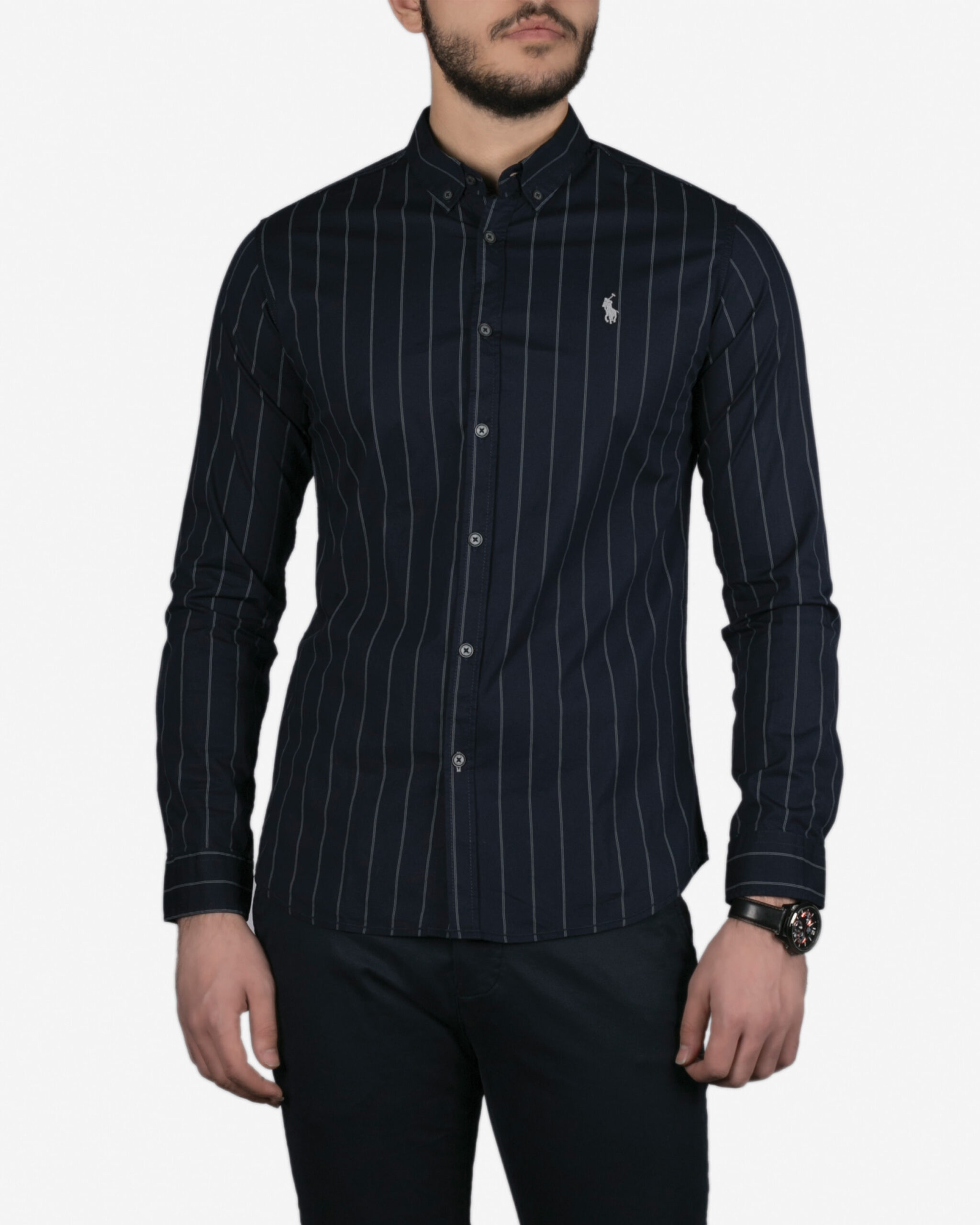 پیراهن مردانه آستین بلند سرمه ای راه راه - سرمه ای - رو به رو