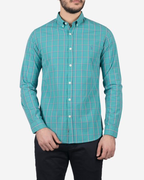پیراهن آستین بلند فیروزه‌ ای چهارخانه مردانه - سبز آبی روشن - رو به‌ رو