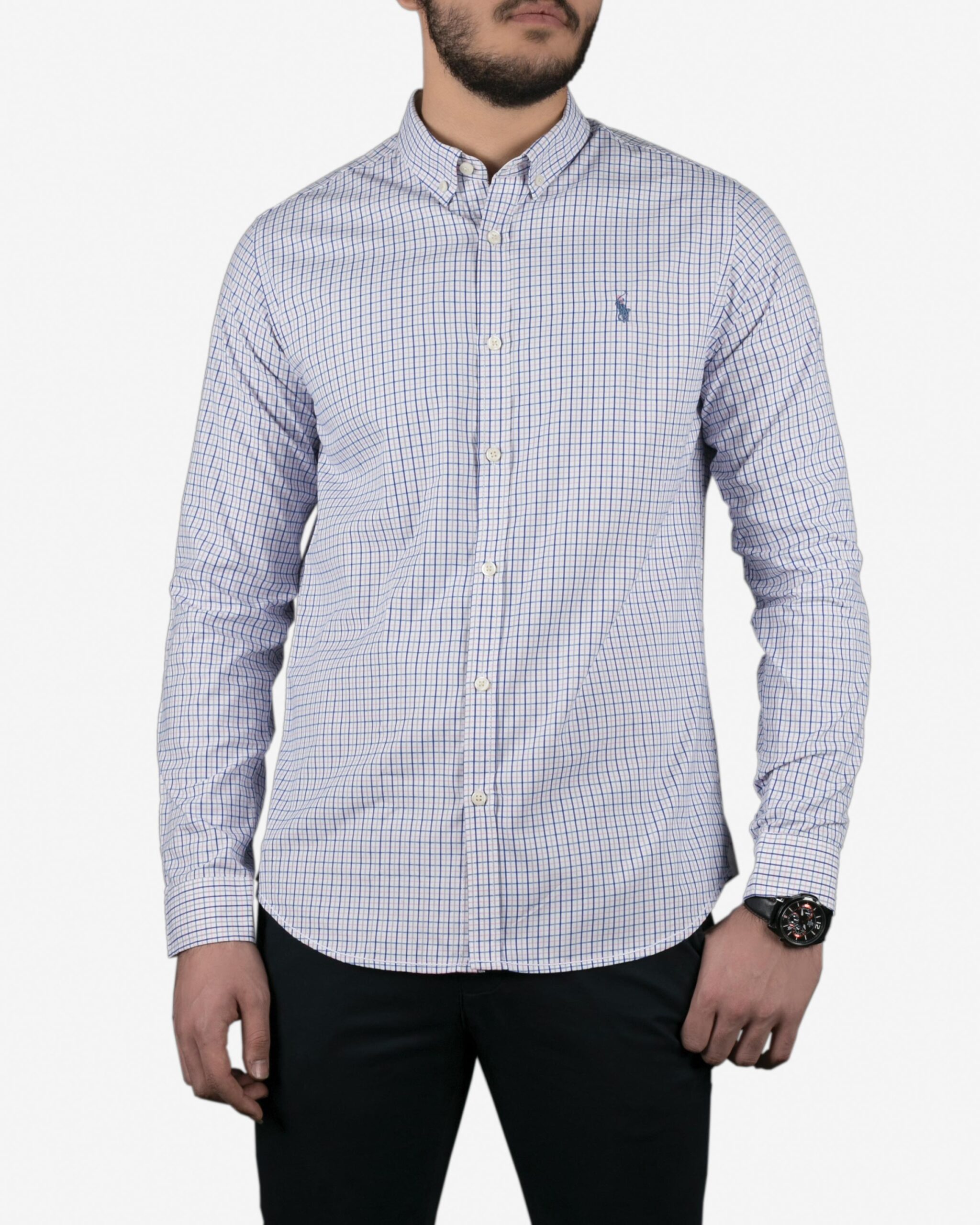 پیراهن چهارخانه ریز مردانه آستین بلند سفید - سفید - رو به رو