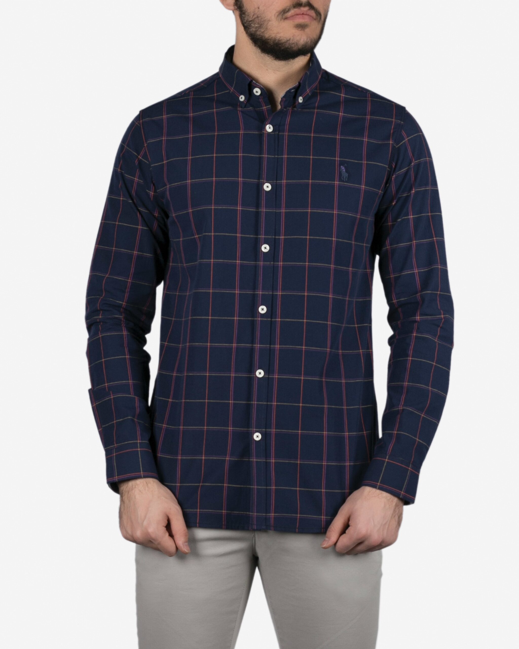 پیراهن مردانه سرمه ای آستین بلند چهارخونه - سرمه ای - رو به رو