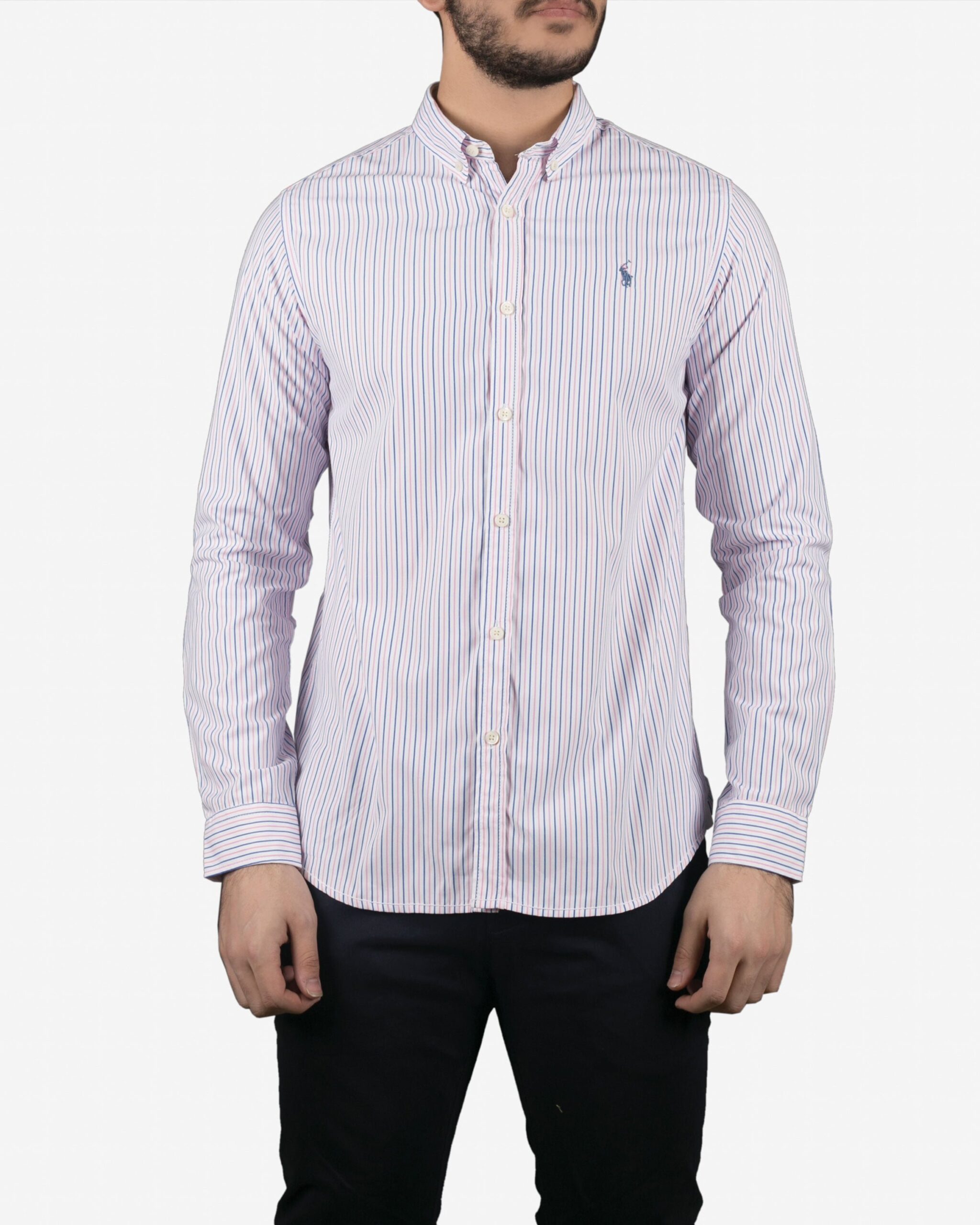 پیراهن آستین بلند راه راه مردانه سفید با خطوط صورتی آبی - سفید - رو به رو