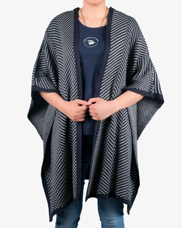 پانچو بافت زنانه پاییزه سرمه ای راه راه جلو باز - سرمه‌ ای - رو به‌ رو