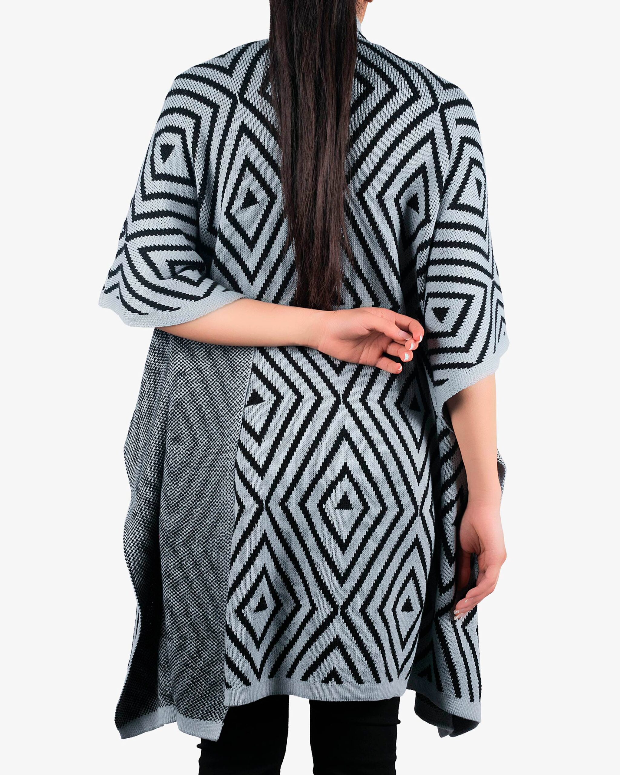 پانچو بافتنی زنانه طرح لوزی طوسی پاییزی جلو باز - طوسی - پشت