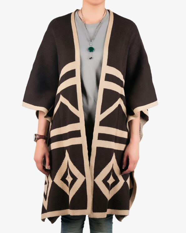 پانچو بافت زنانه پاییزه قهوه ای طرح دار جلو باز - قهوه ای - رو به‌ رو