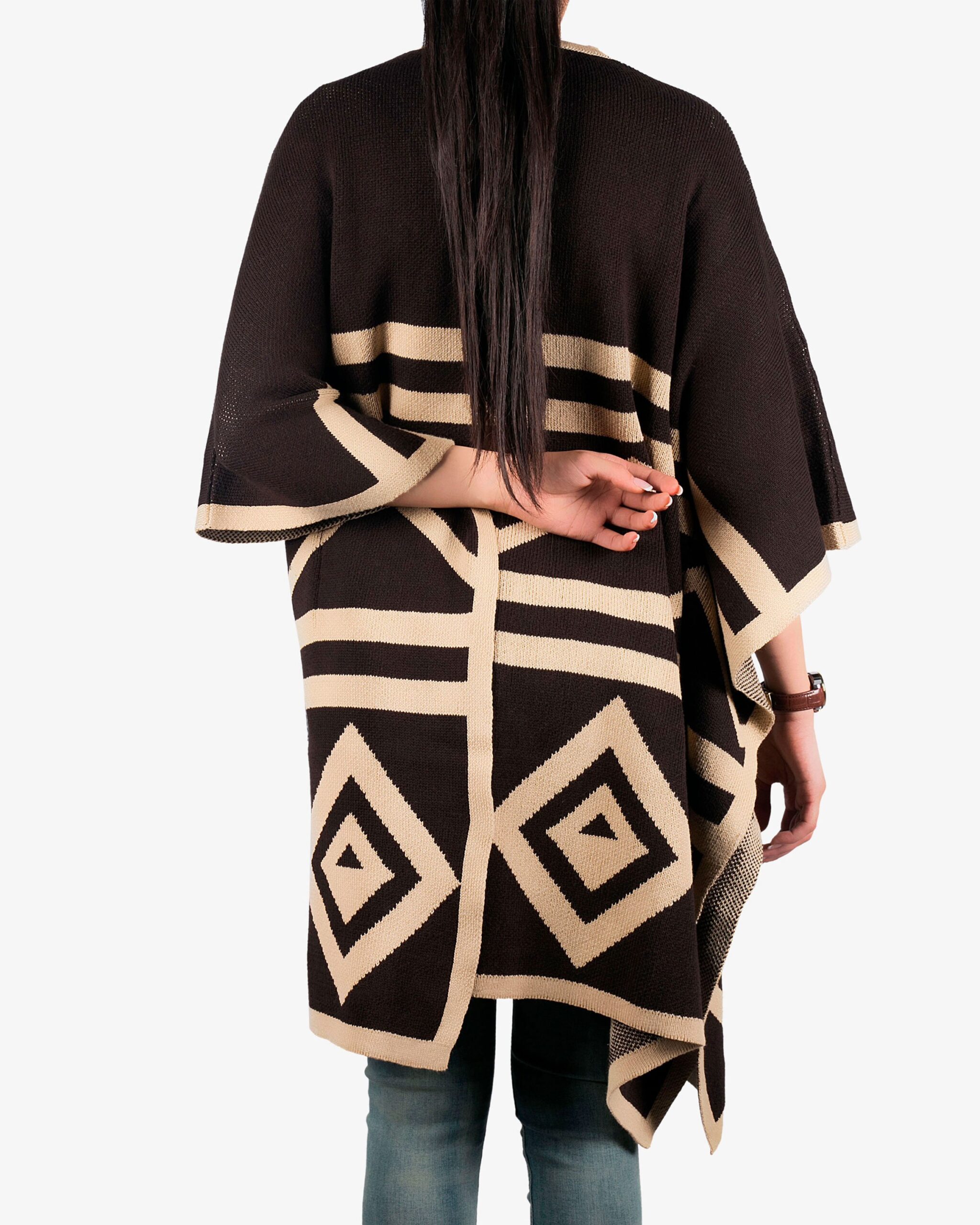 پانچو بافت زنانه پاییزه قهوه ای طرح دار جلو باز - قهوه ای - پشت