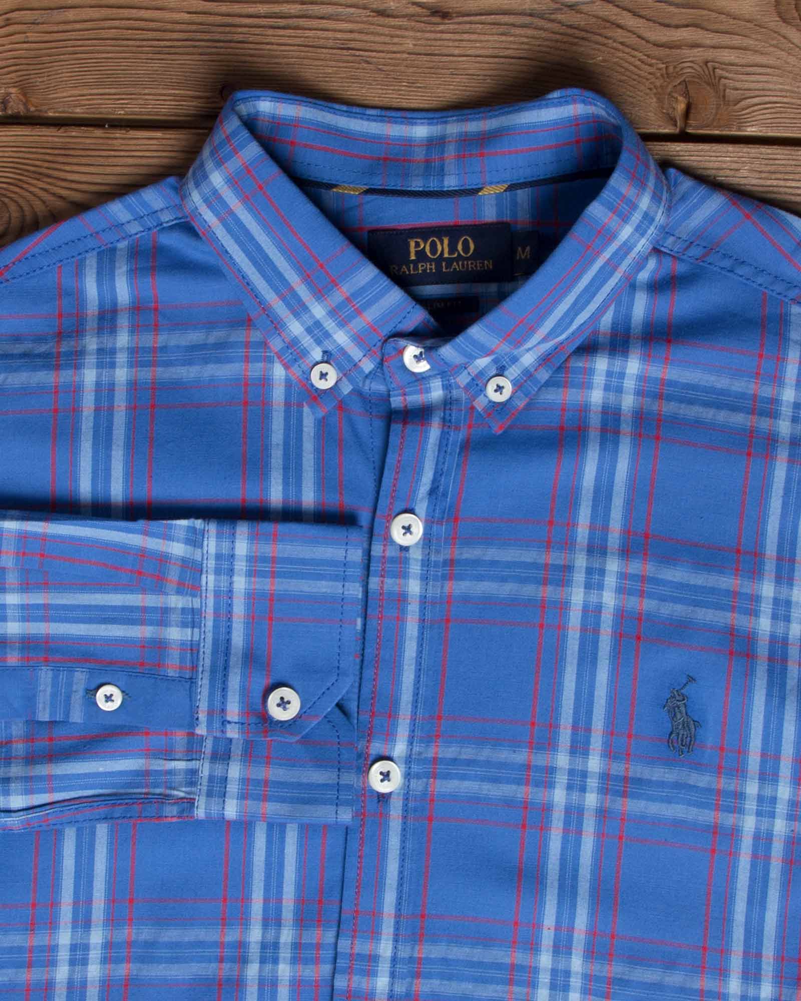 پیراهن آستین بلند آبی نفتی چارخونه- یقه