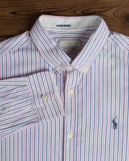 پیراهن آستین بلند راه راه مردانه سفید با خطوط صورتی آبی -صورتی روشن - یقه
