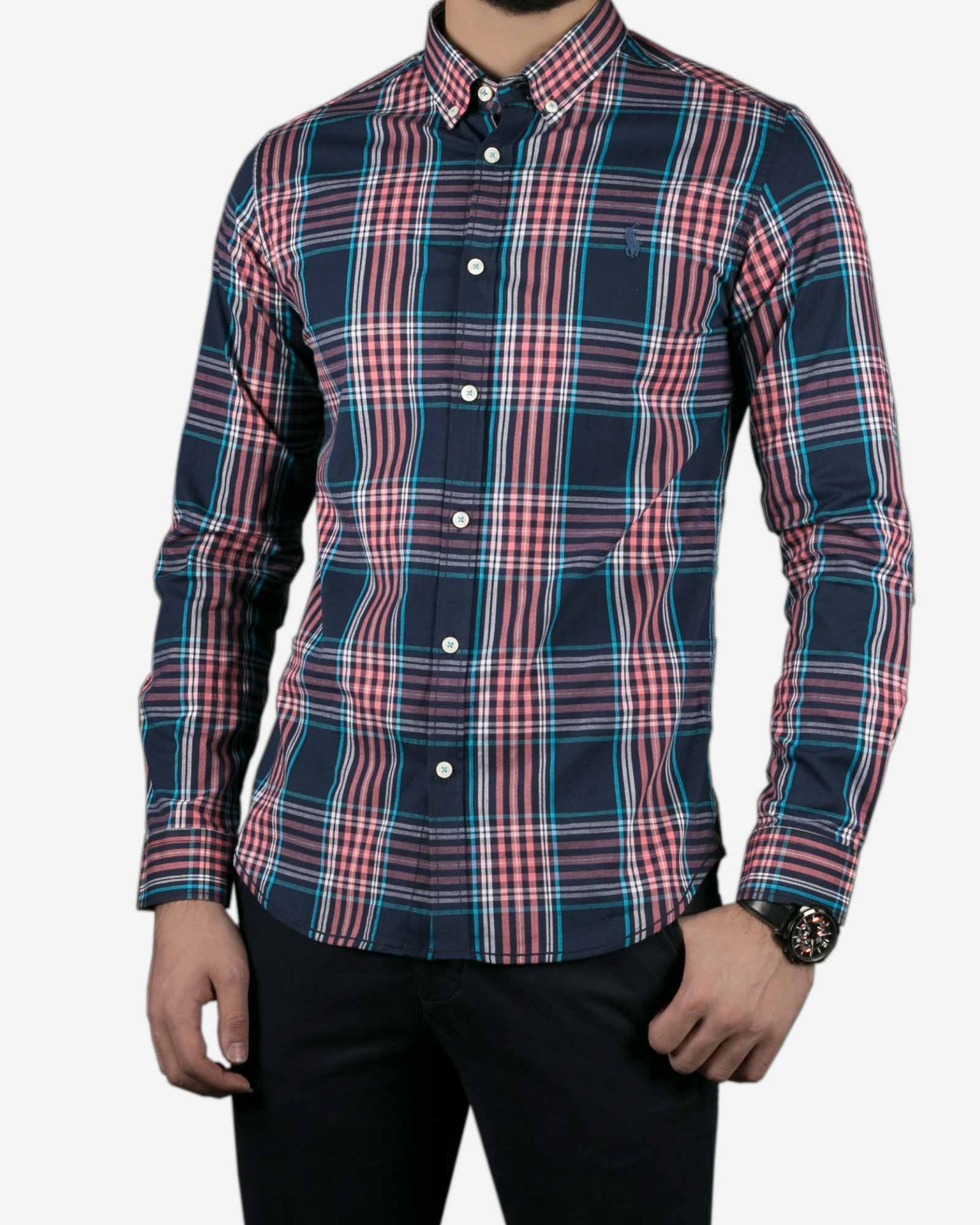 پیراهن آستین بلند سرمه‌ ای چهارخونه مردانه - سرمه ای - رو به رو