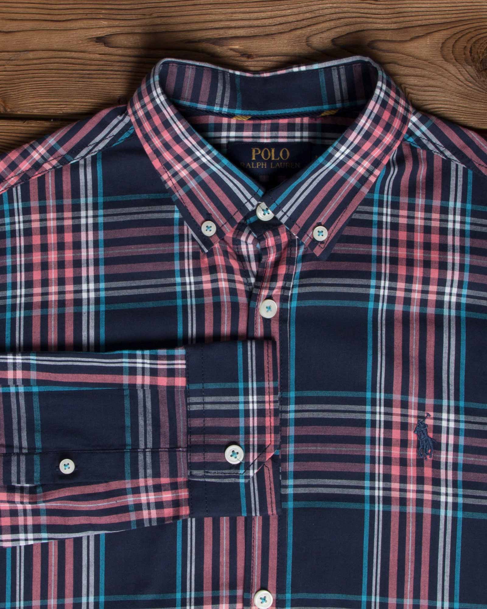 پیراهن آستین بلند سرمه‌ ای چهارخونه مردانه - سرمه ای - یقه