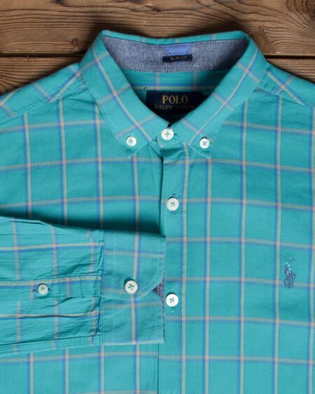 پیراهن آستین بلند چهارخانه مردانه - سبزآبی روشن - یقه
