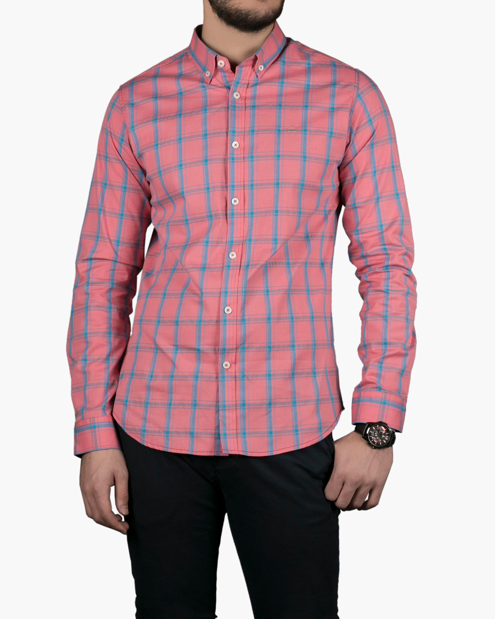 پیراهن مردانه چهارخانه گلبهی آستین بلند - گلبهی - رو به رو