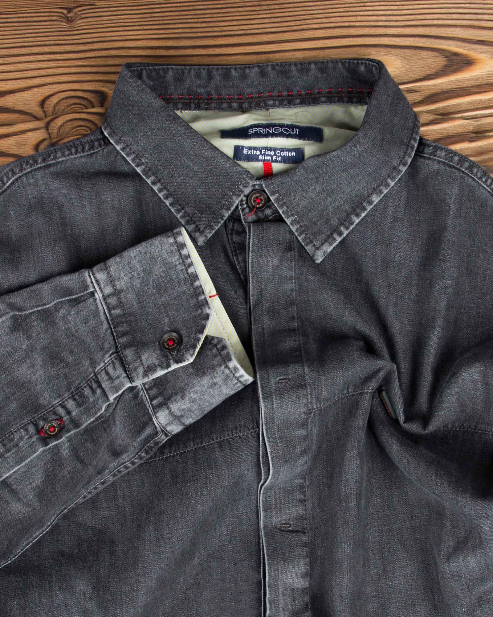 پیراهن جین خاکستری تیره مردانه - یقه