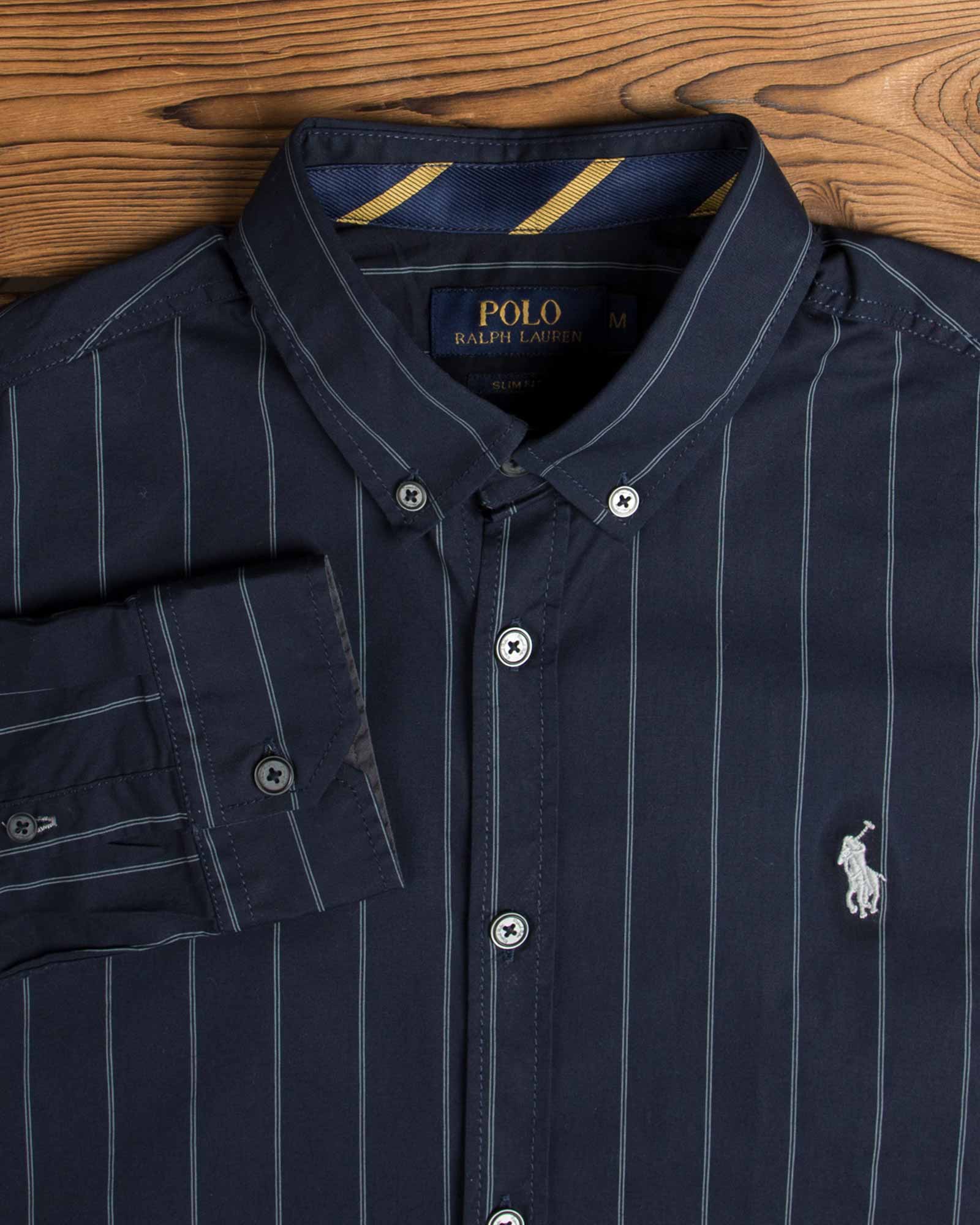 پیراهن مردانه آستین بلند سرمه‌ ای راه راه - سرمه ای - یقه