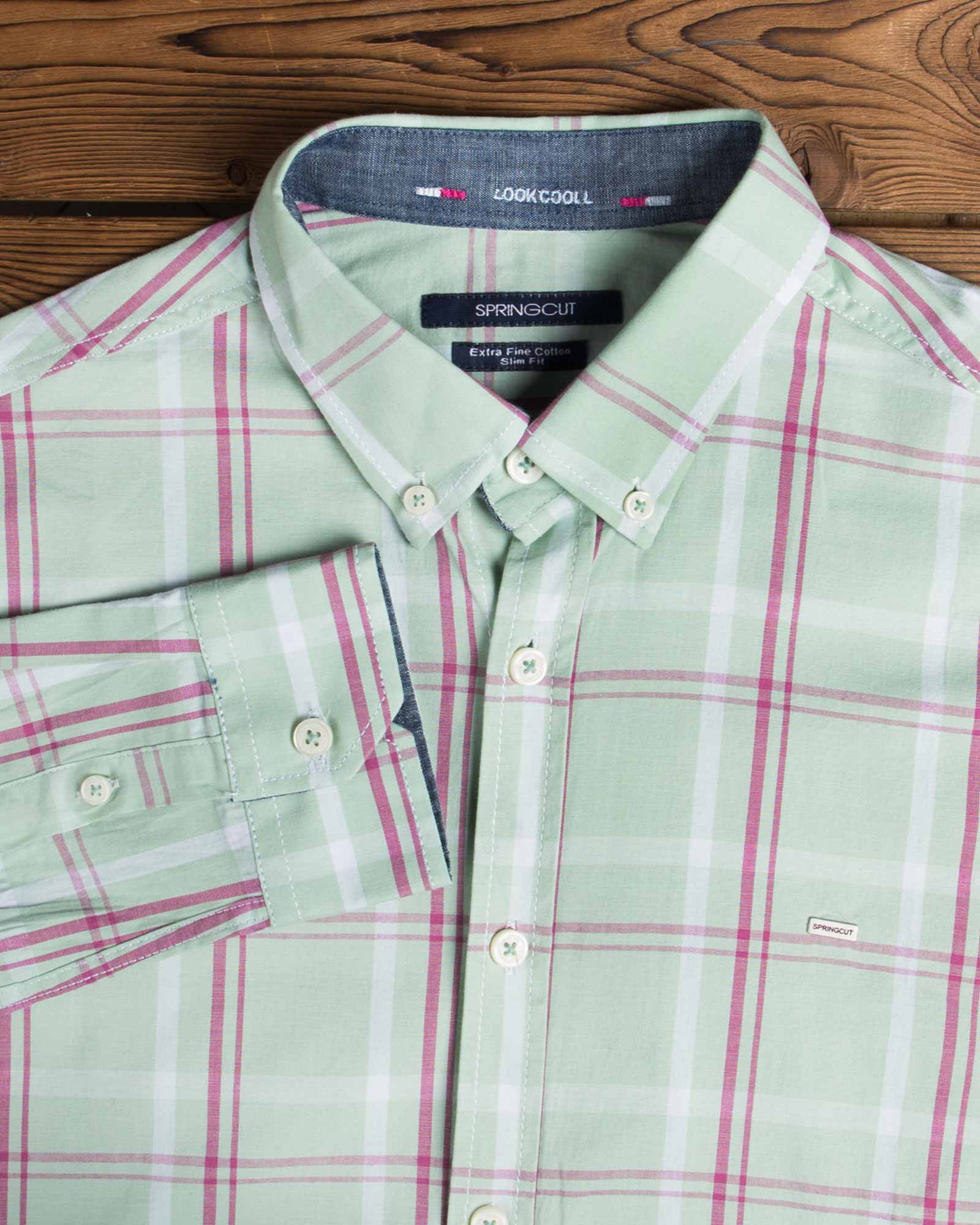 پیراهن مردانه آستین بلند چهارخانه - سبز پاستیلی - یقه مردانه