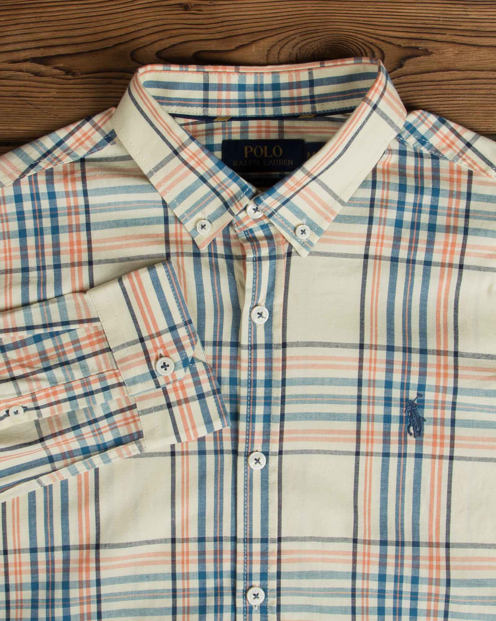 پیراهن مردانه آستین بلند چهارخونه - نخودی - یقه مردانه