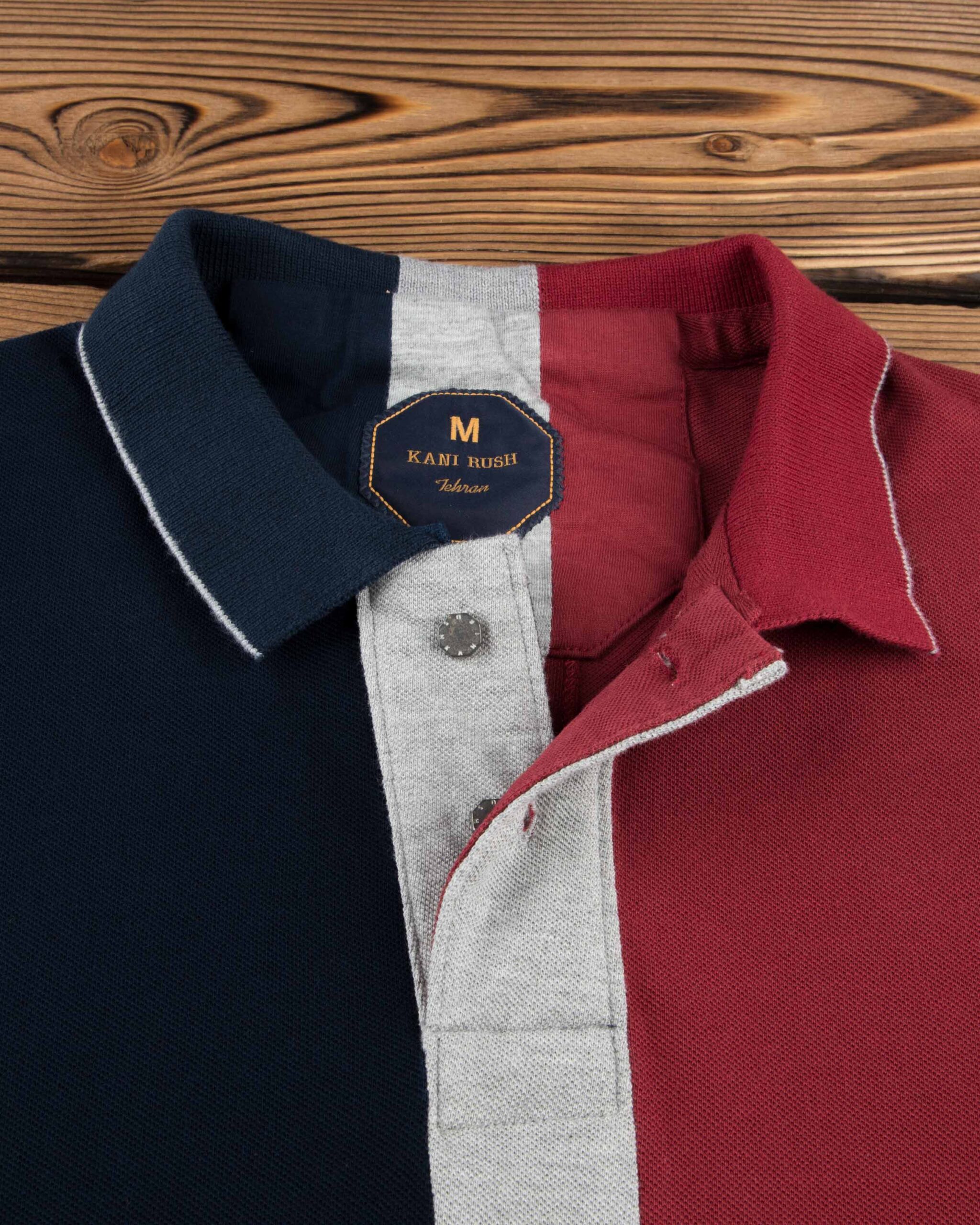 تیشرت یقه‌دار سه رنگ کانی راش - زرشکی - جزییات1