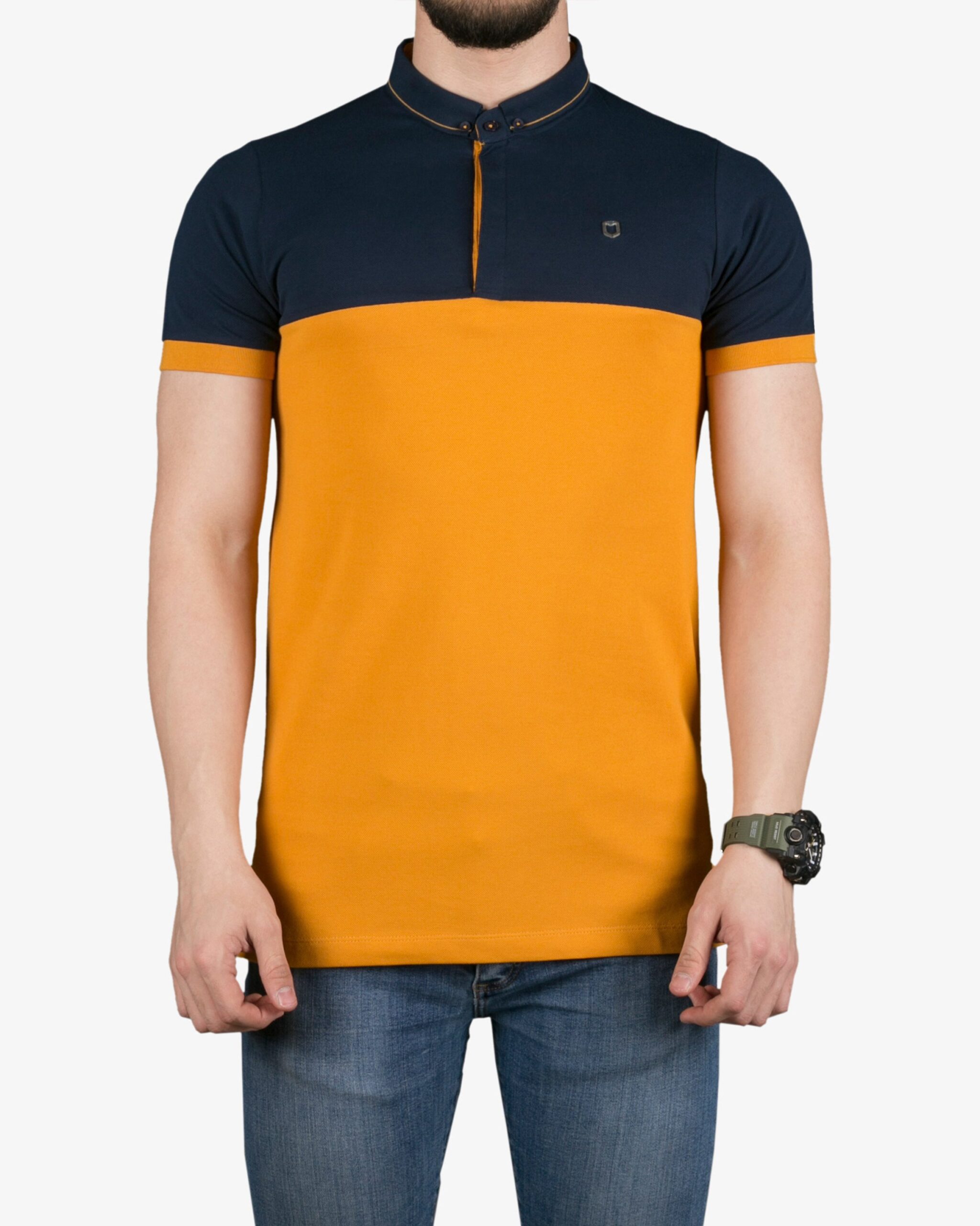 پولوشرت مردانه دورنگ - خردلی - روبه‌رو - خرید اینترنتی لباس - فروشگاه اینترنتی لباس سارابارا