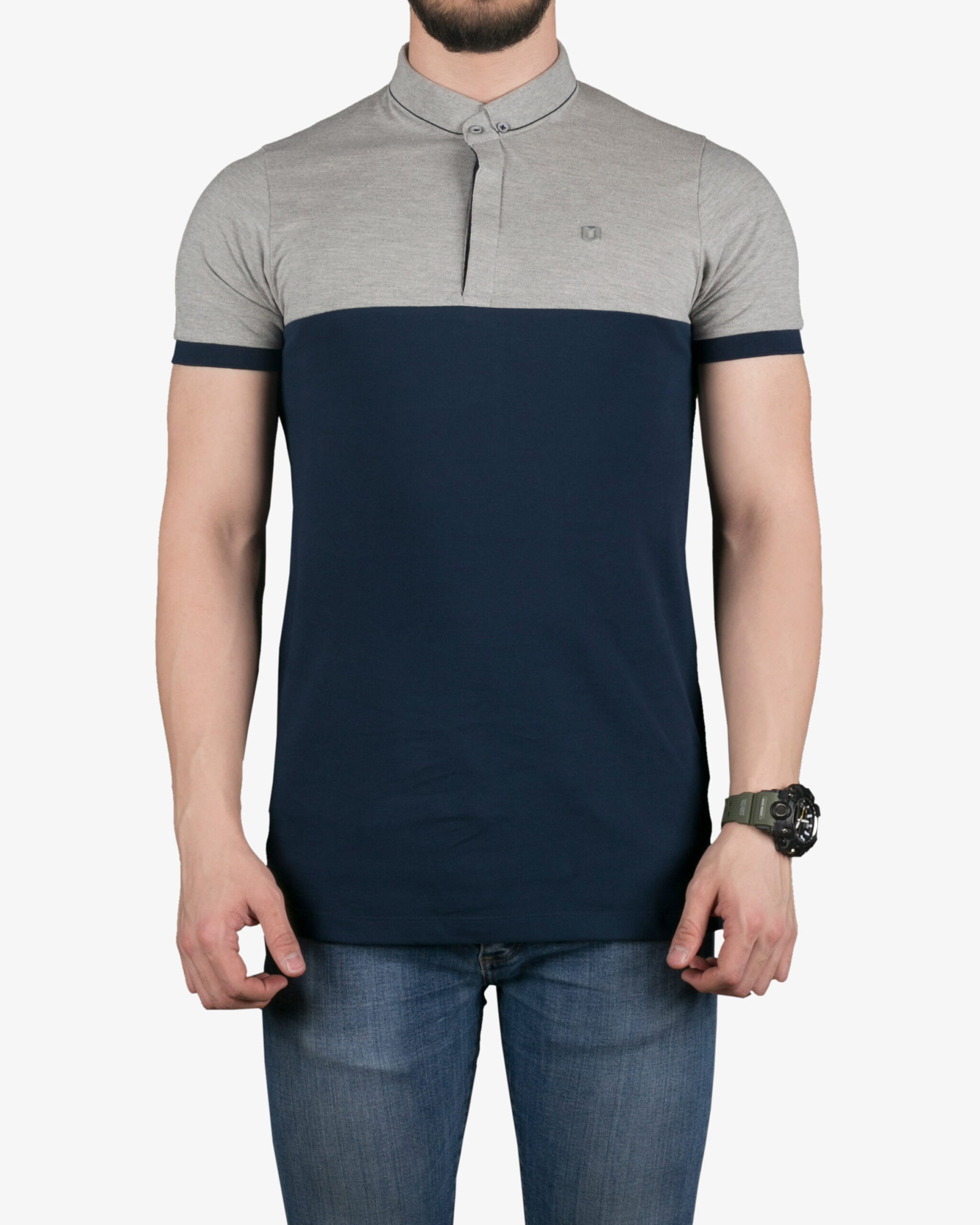 پولوشرت مردانه دورنگ - سرمه‌ای - روبه‌رو - خرید اینترنتی لباس - فروشگاه اینترنتی لباس سارابارا