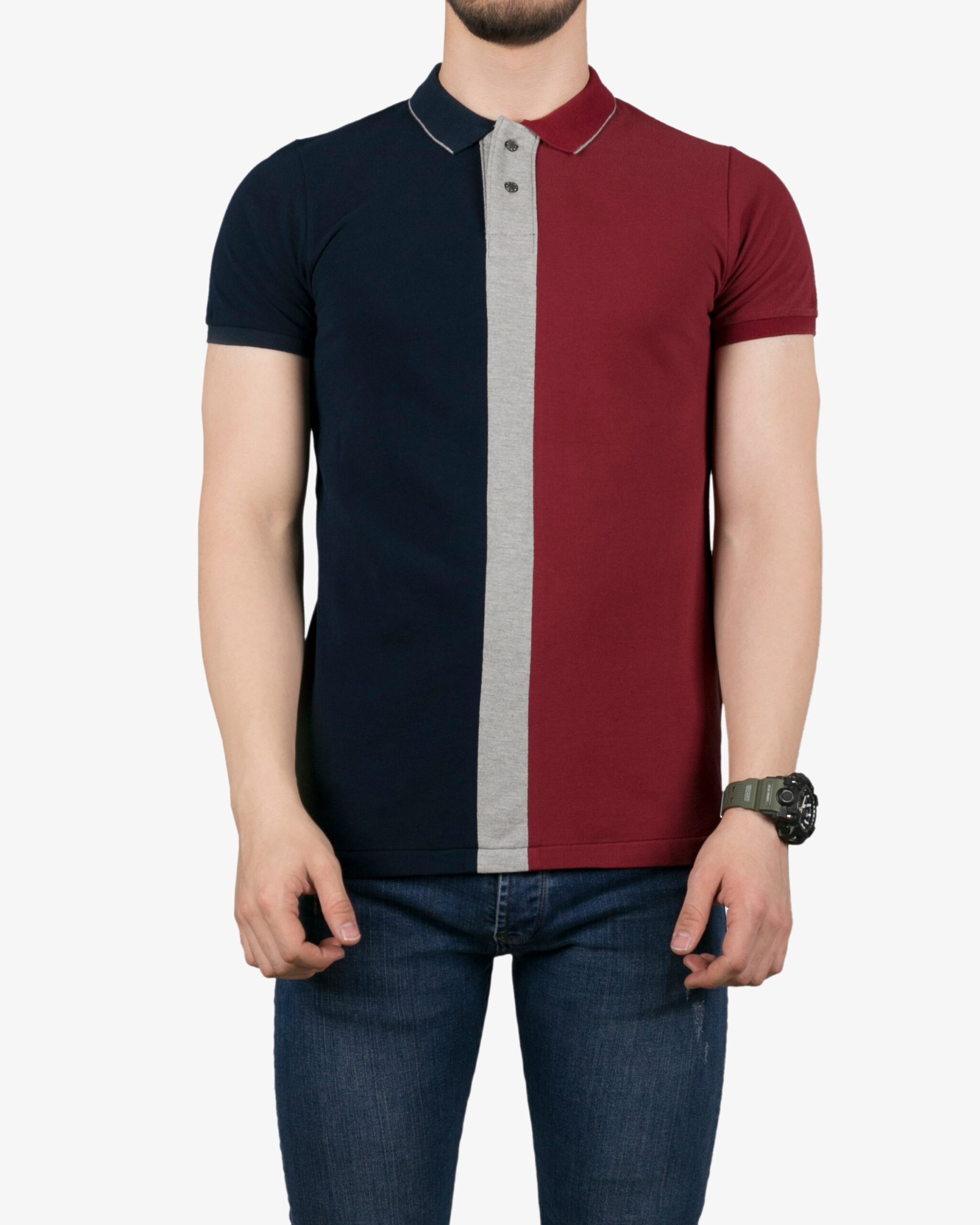 پولوشرت سه رنگ مردانه - زرشکی - روبه‌رو - خرید اینترنتی لباس - فروشگاه اینترنتی لباس سارابارا